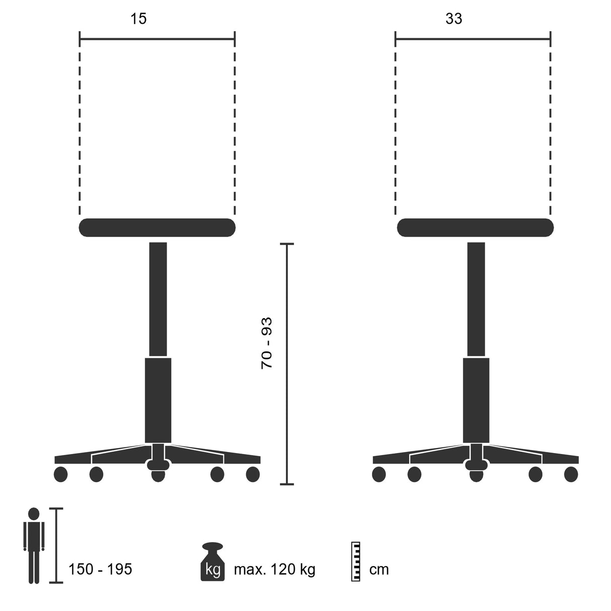 Technical drawing of the Standing aid TOP WORK 30 with a height of 70-93 cm by hjh OFFICE
