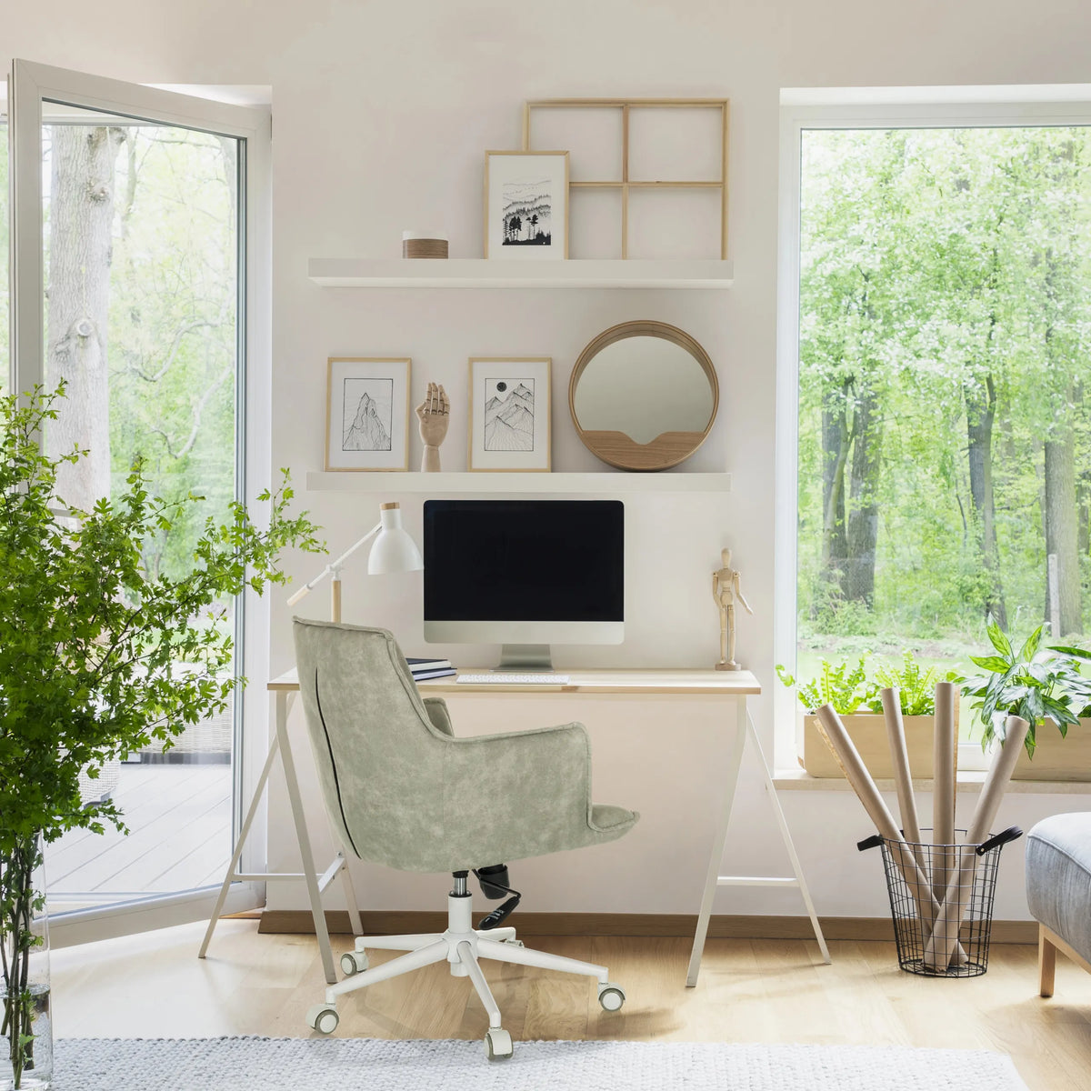Grey Home Office Chair SOLAO LIFE W with castors in a bright study environment by hjh LIVING