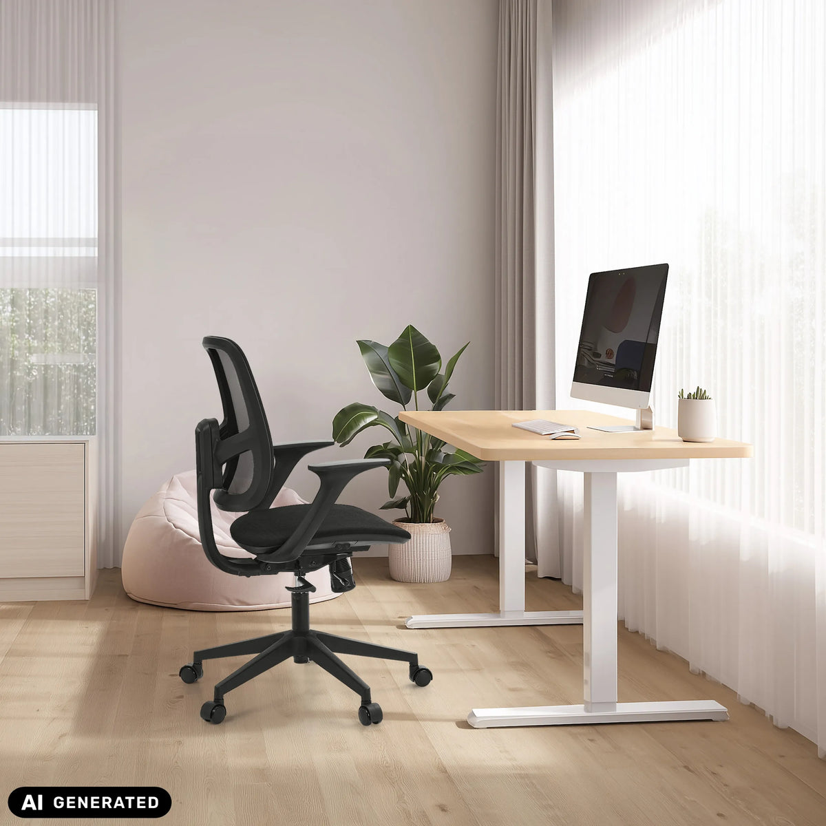 Home Office Chair Malio in black at a height-adjustable desk by hjh OFFICE (AI-generated image)