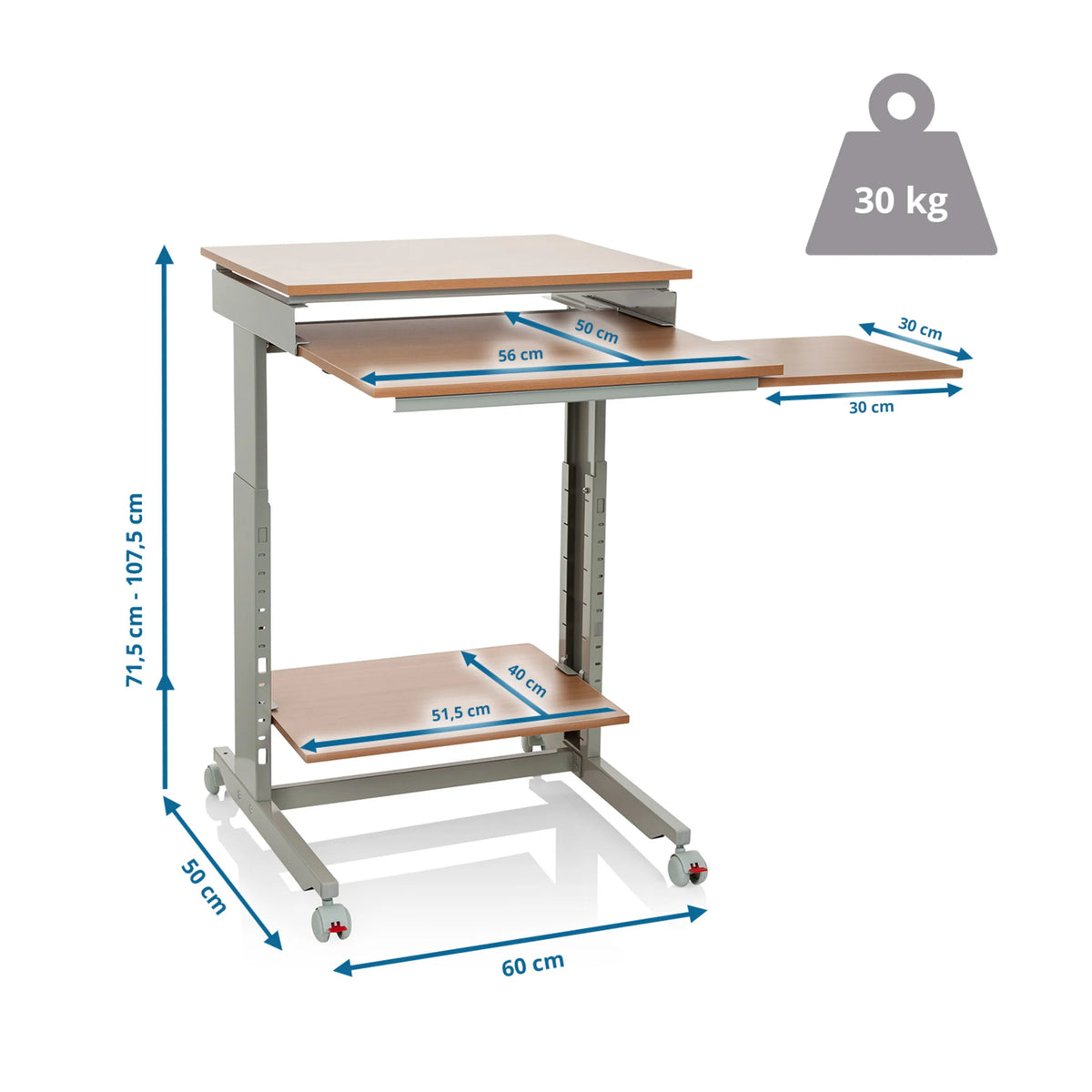 Dimensional drawing of the Standing desk WORKSTATION with a width of 60 cm and a load capacity of 30 kg by hjh OFFICE