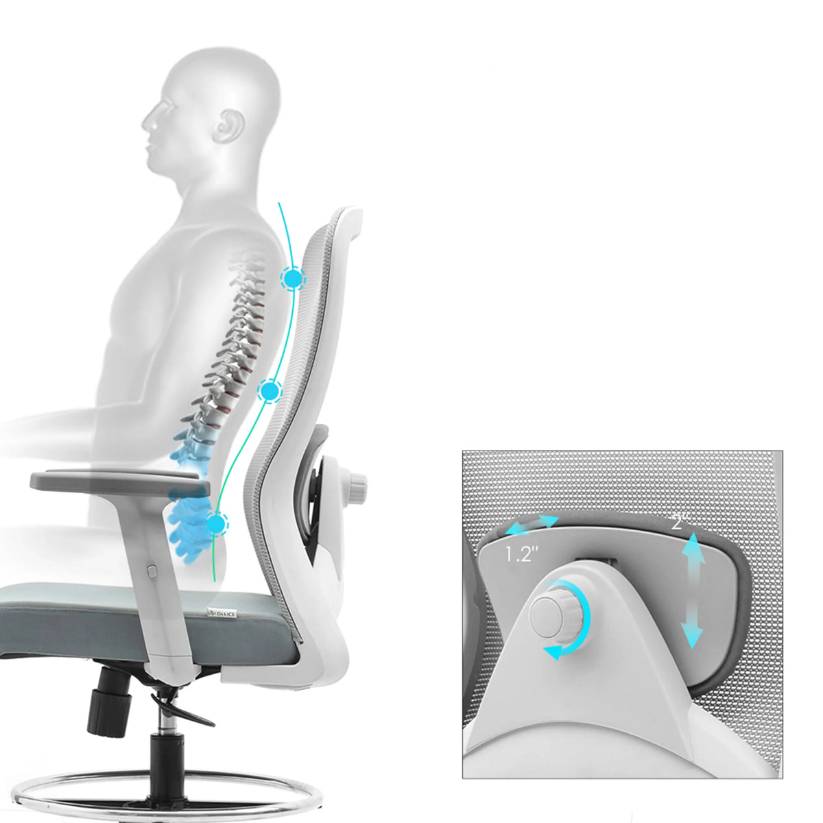 Adjustable lumbar support of the Counter chair Top Work 44 W with a depth of 1.2" by hjh OFFICE