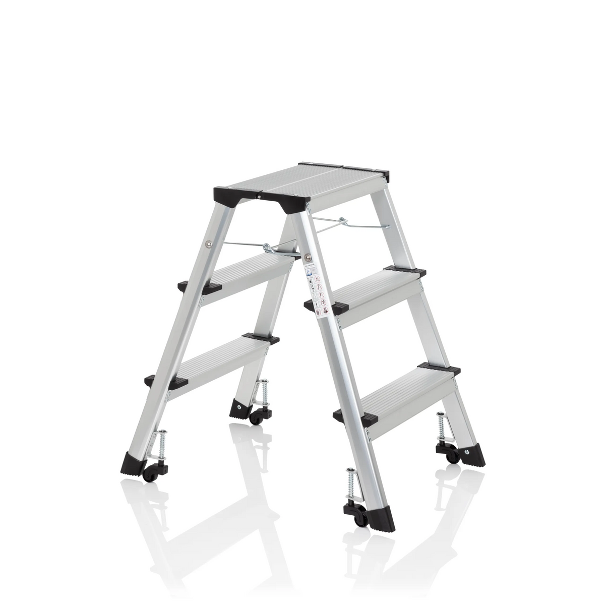 Silver Folding Ladder SOLID IV made of aluminium with three steps by hjh OFFICE – 360-degree view (front three-quarter view 60°)
