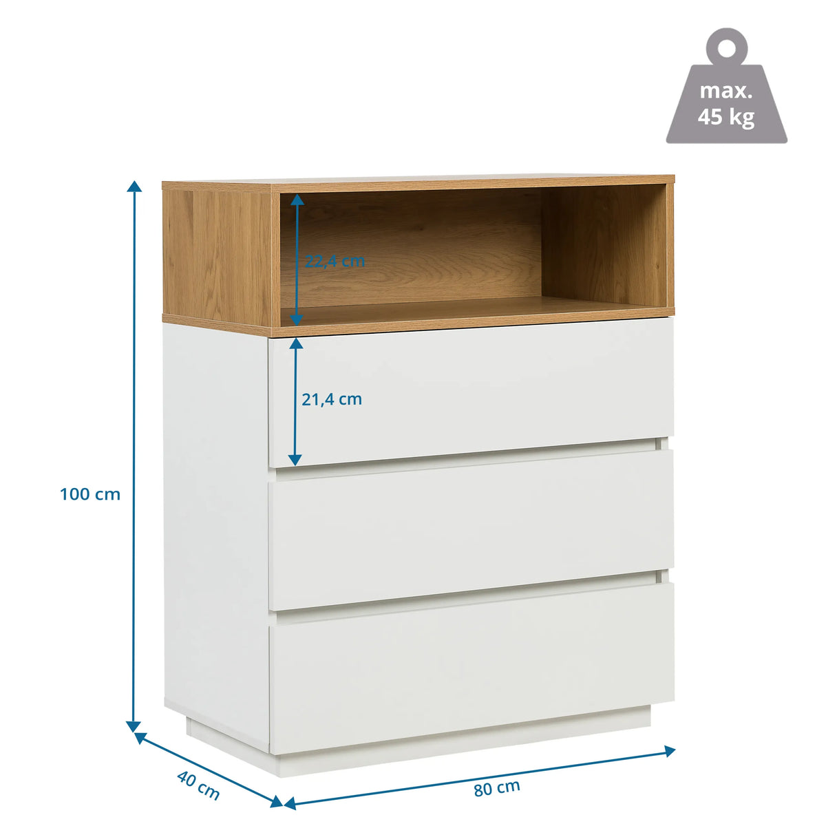 Dimensional drawing of the Chest of drawers MELMO K in white and oak, 100 × 80 cm, by hjh LIVING