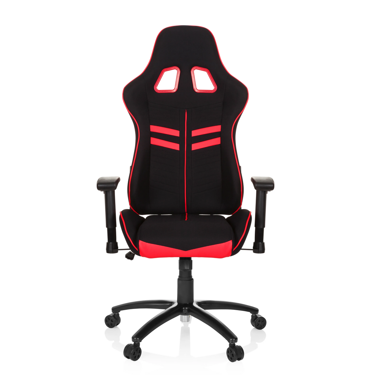 Black and red Gaming chair LEAGUE PRO I with two headrest openings and five-caster base by hjh OFFICE – 360-degree view (front view 0°)