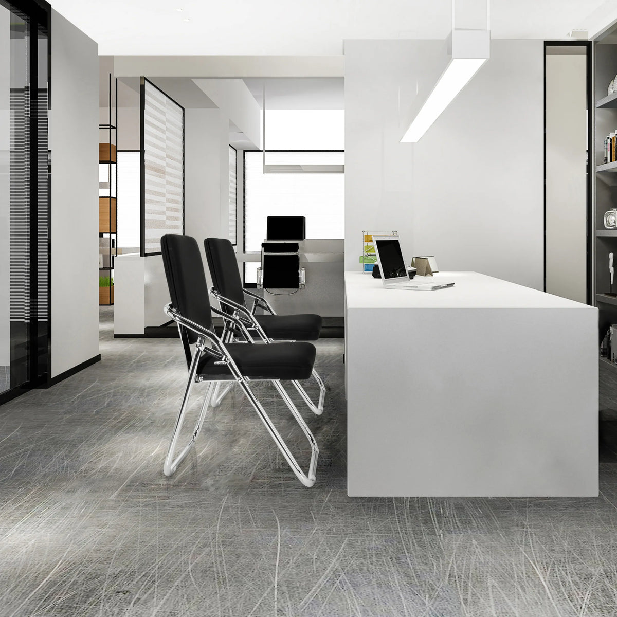 Two black ESTO folding chairs with silver frames at a white desk by hjh OFFICE