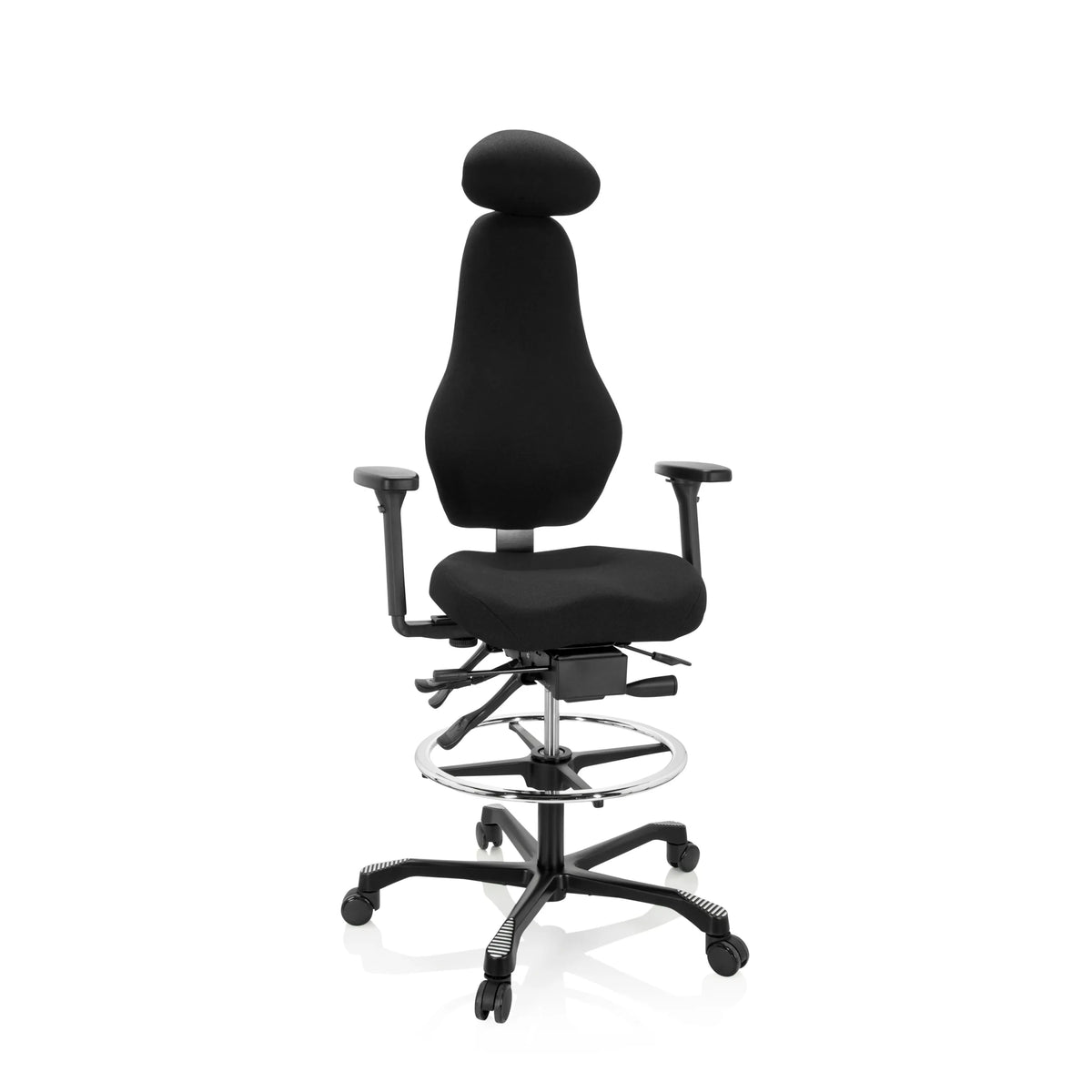 Black Counter chair RESISTIO WORK with headrest, foot ring and five-caster base by hjh OFFICE – 360-degree view (front view 20°)