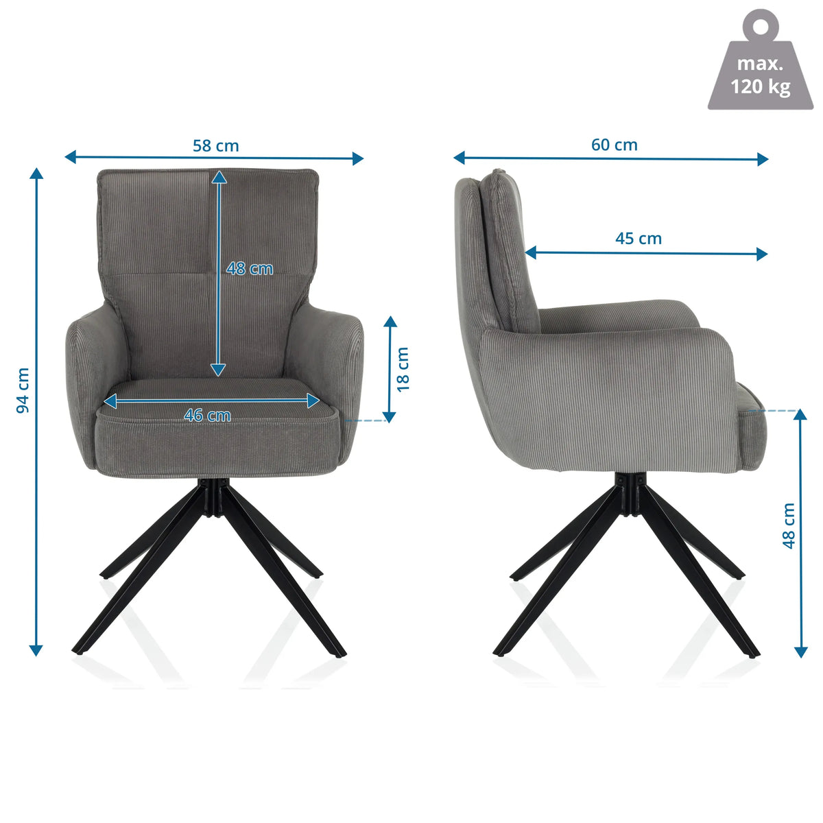 Dimensional drawing of the Upholstered chair TARUGO with a height of 94 cm and a width of 58 cm by hjh LIVING