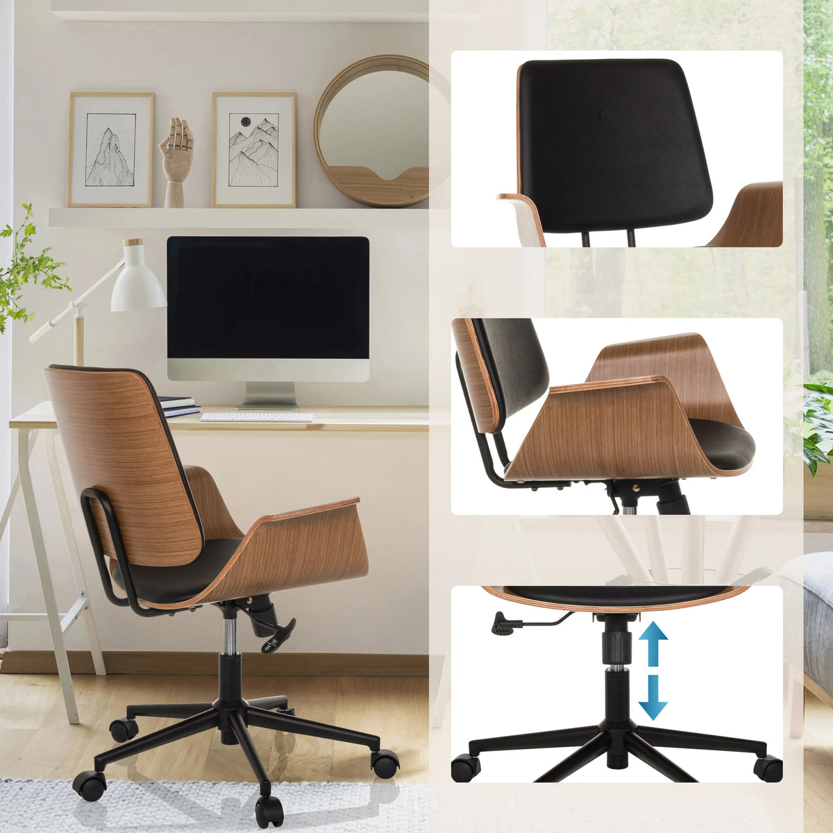 Home Office Chair CENCA II with wooden shell, black cushion and gas spring by hjh LIVING