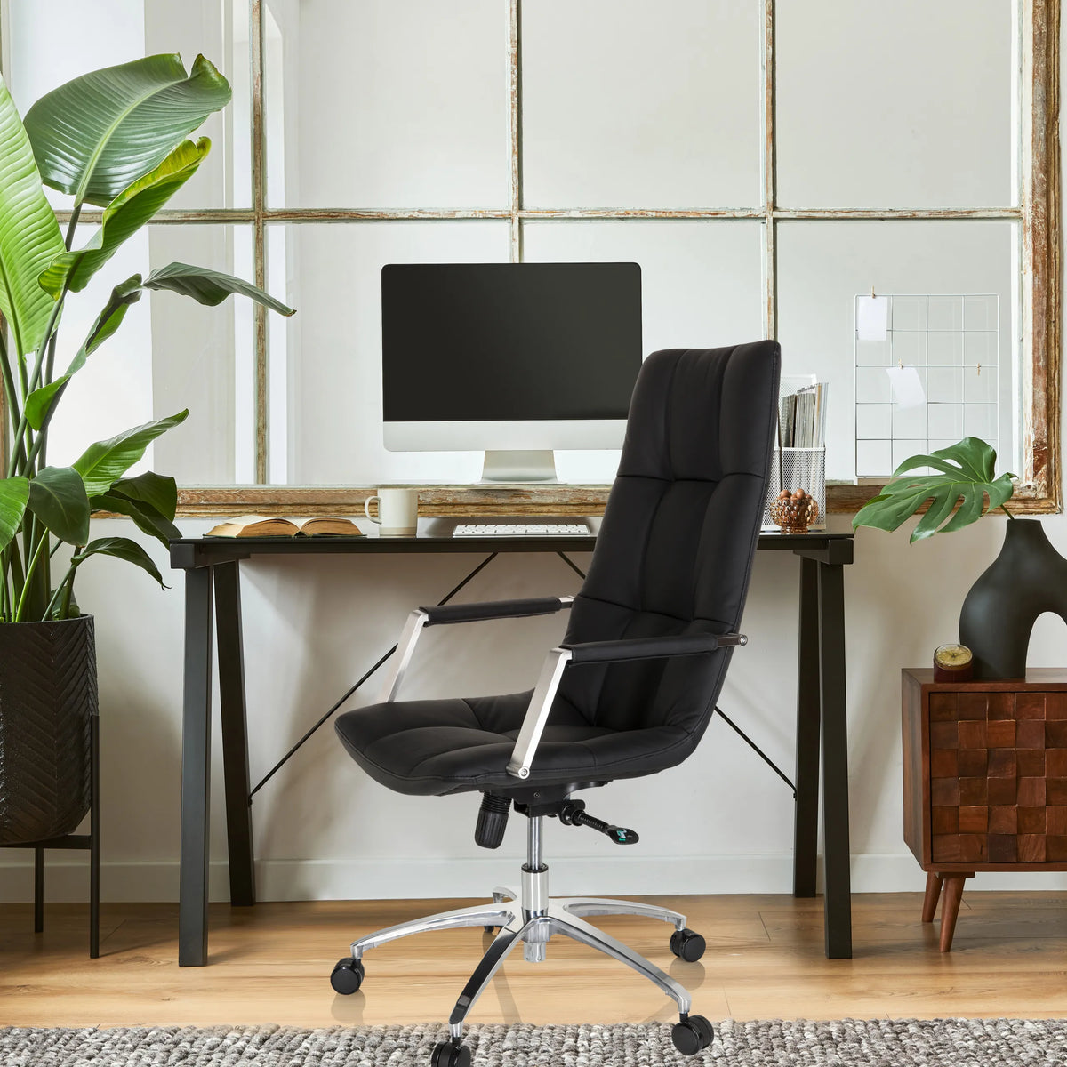 Home Office Executive Chair SARANTO PRO in black leather with a polished base by hjh OFFICE