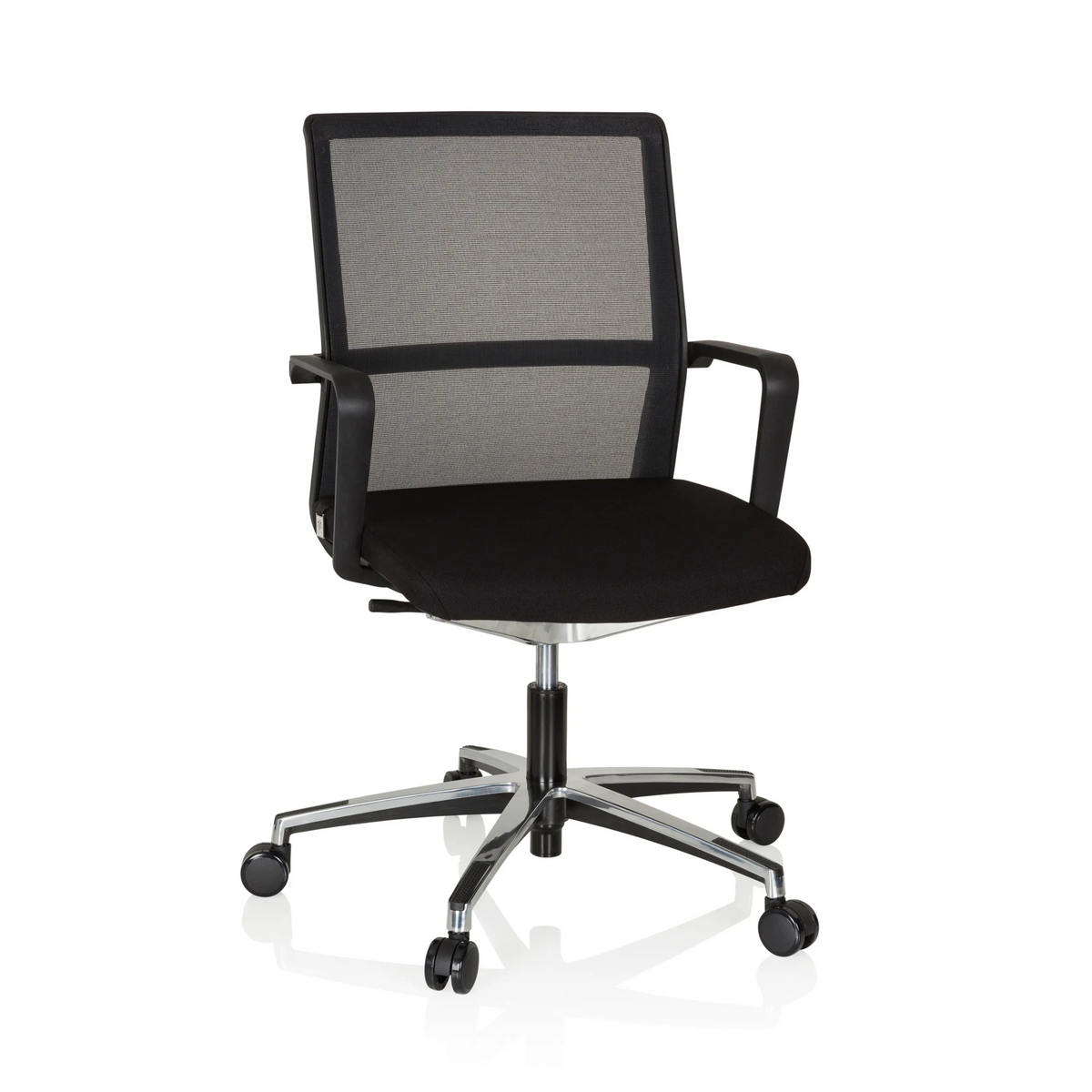 Black Professional Office Chair MOVE-TEC NET 3D with mesh back and a five-caster base by hjh OFFICE – 360-degree view (front view 20°)