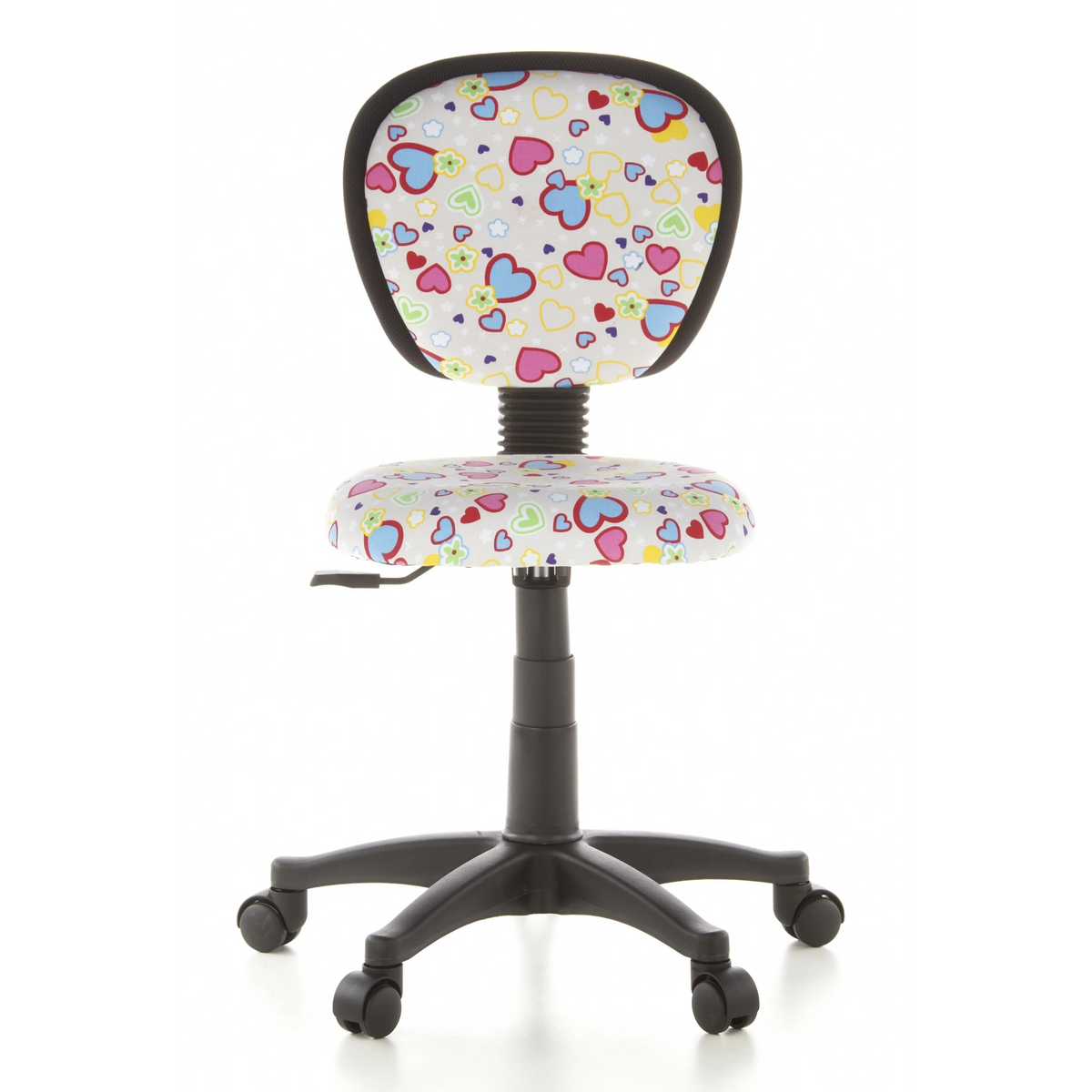 Swivel Chair – Children KIDDY TOP with colourful heart and flower pattern and five-caster base by hjh OFFICE – 360-degree view (front view 0°)