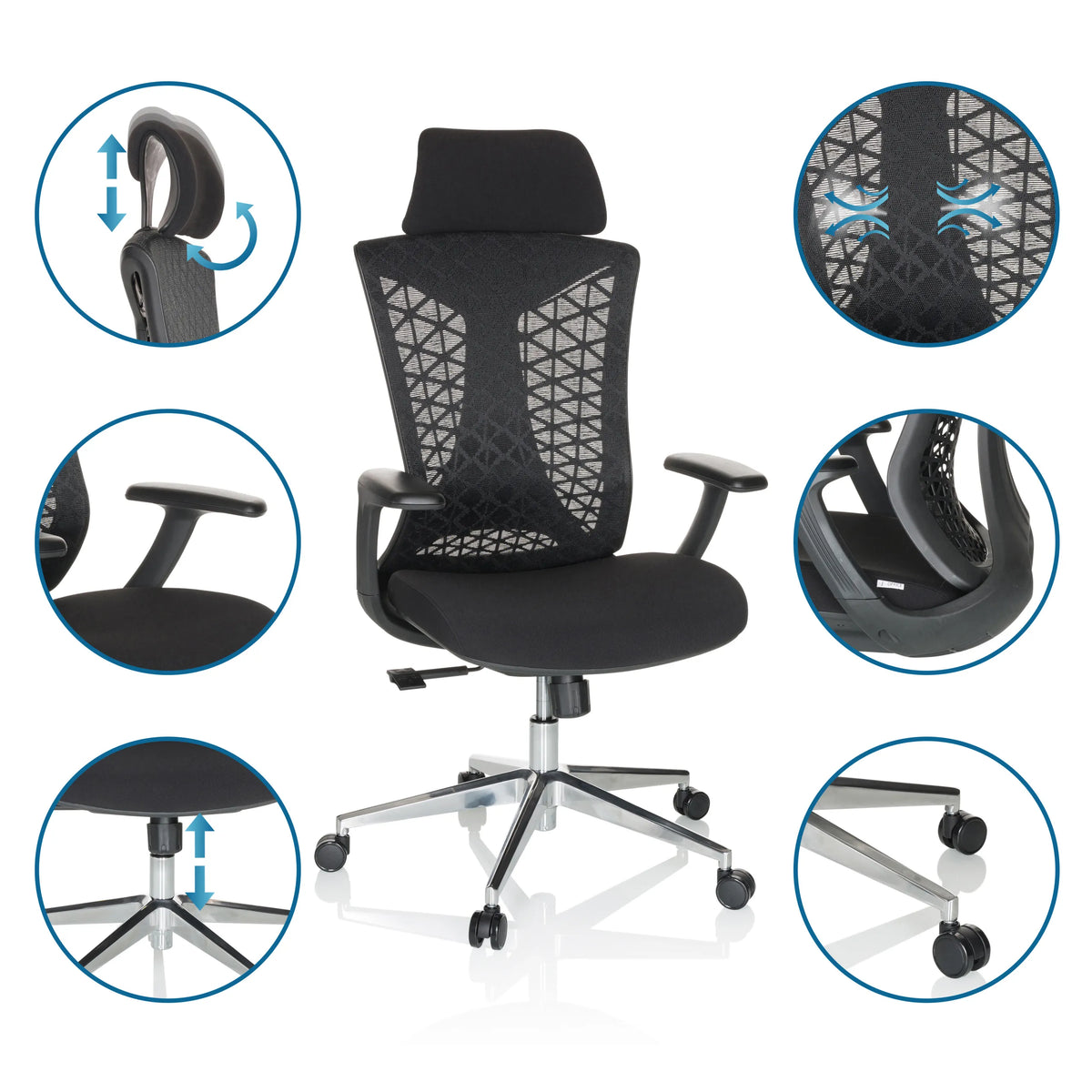 Professional Office Chair FALEO B in black with adjustable headrest, armrests and castors by hjh OFFICE