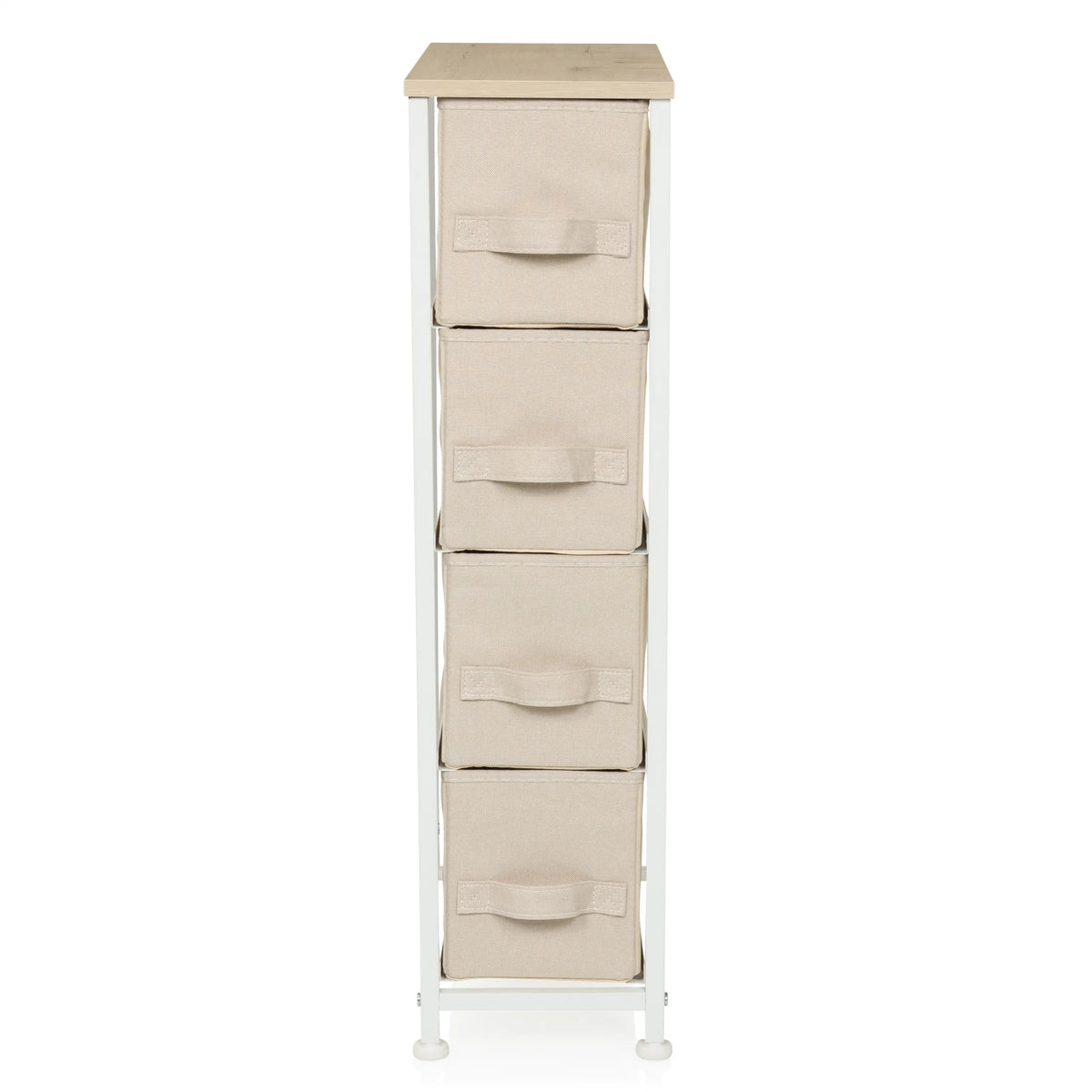 Beige Kommode FOLDRESS S mit vier Stoffschubladen und einer hellen Holzplatte von hjh LIVING – 360-Grad-Ansicht (Frontansicht 0°)
