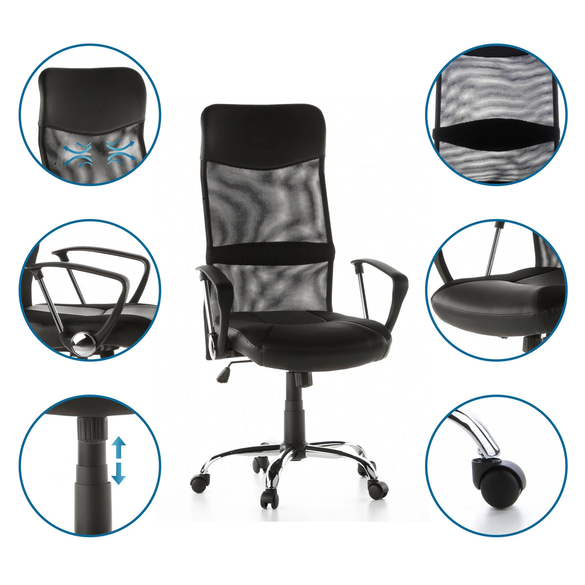 Home Office Executive Chair ARTON 20 in black with mesh back and detailed views by hjh OFFICE