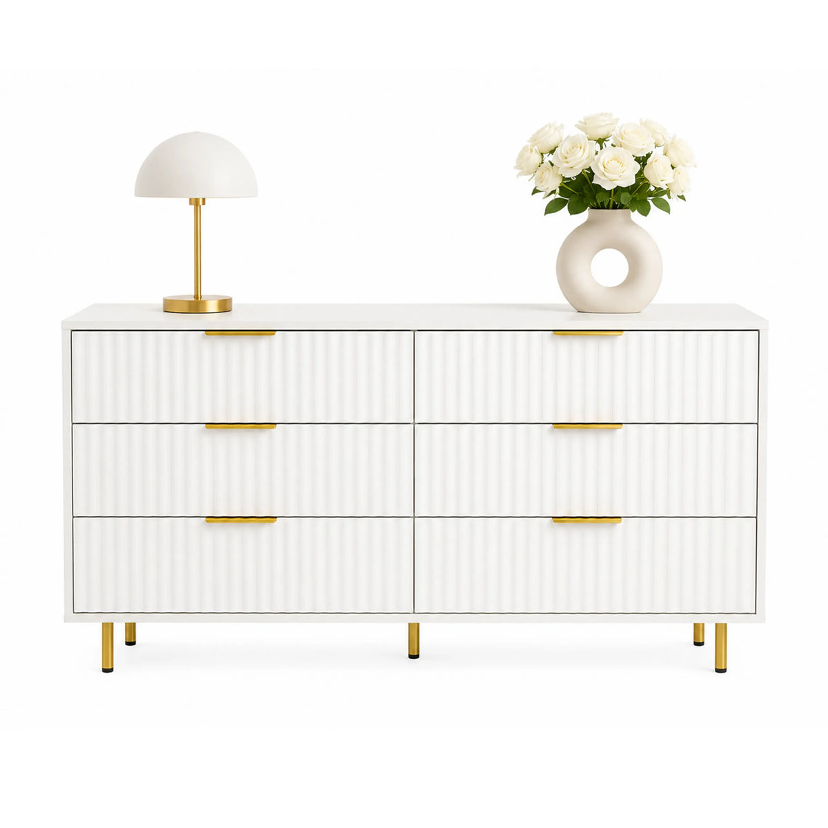 White Sideboard HJELLE with six drawers, ribbed look and golden legs by hjh LIVING