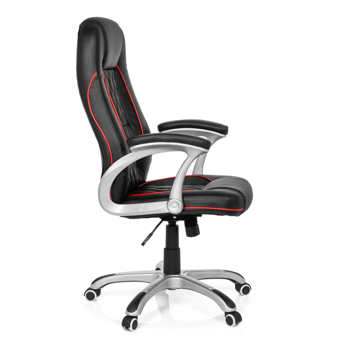Black Gaming chair RELAX AB100 with red decorative stitching, quilting and five-caster base by MyBuero – 360-degree view (side profile 80°)
