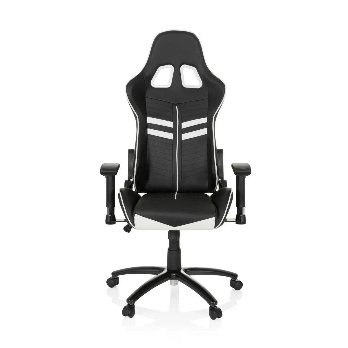 Black and white Gaming chair LEAGUE PRO with headrest and five-caster base by hjh OFFICE – 360-degree view (front view 0°)