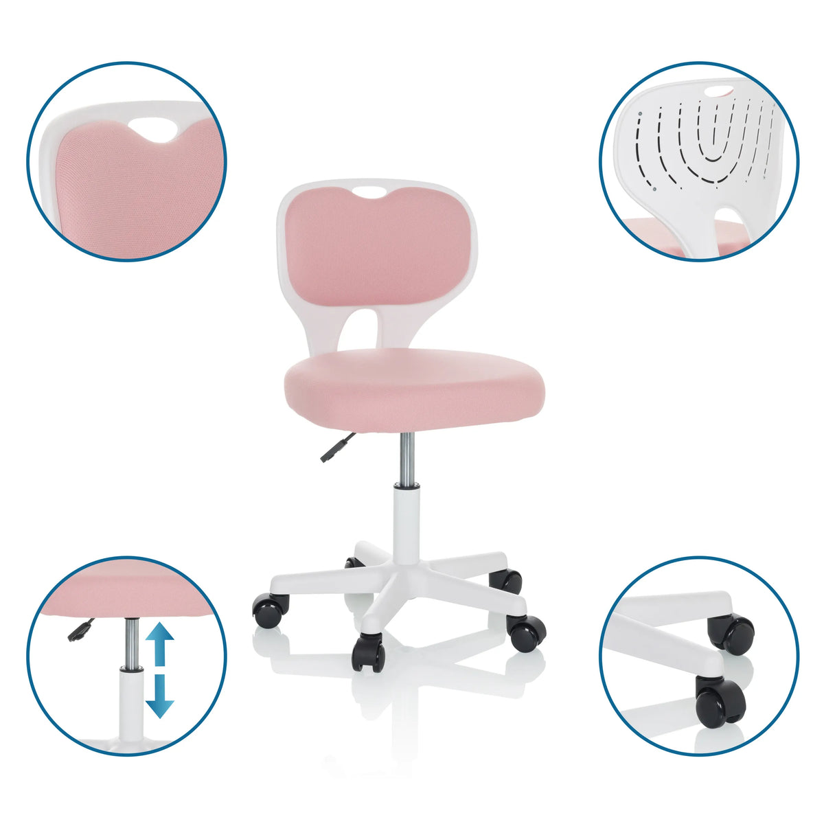 Pink children's swivel chair KIDDY TOP W with white frame, castors and height-adjustable seat by hjh OFFICE