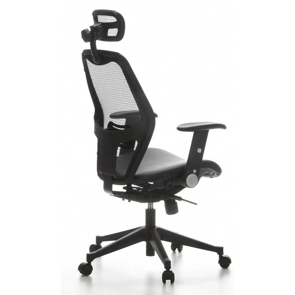 Black Professional Office ChAIR-PORT with mesh back, leather seat and five-caster base by hjh OFFICE – 360-degree view (rear three-quarter view 120°)