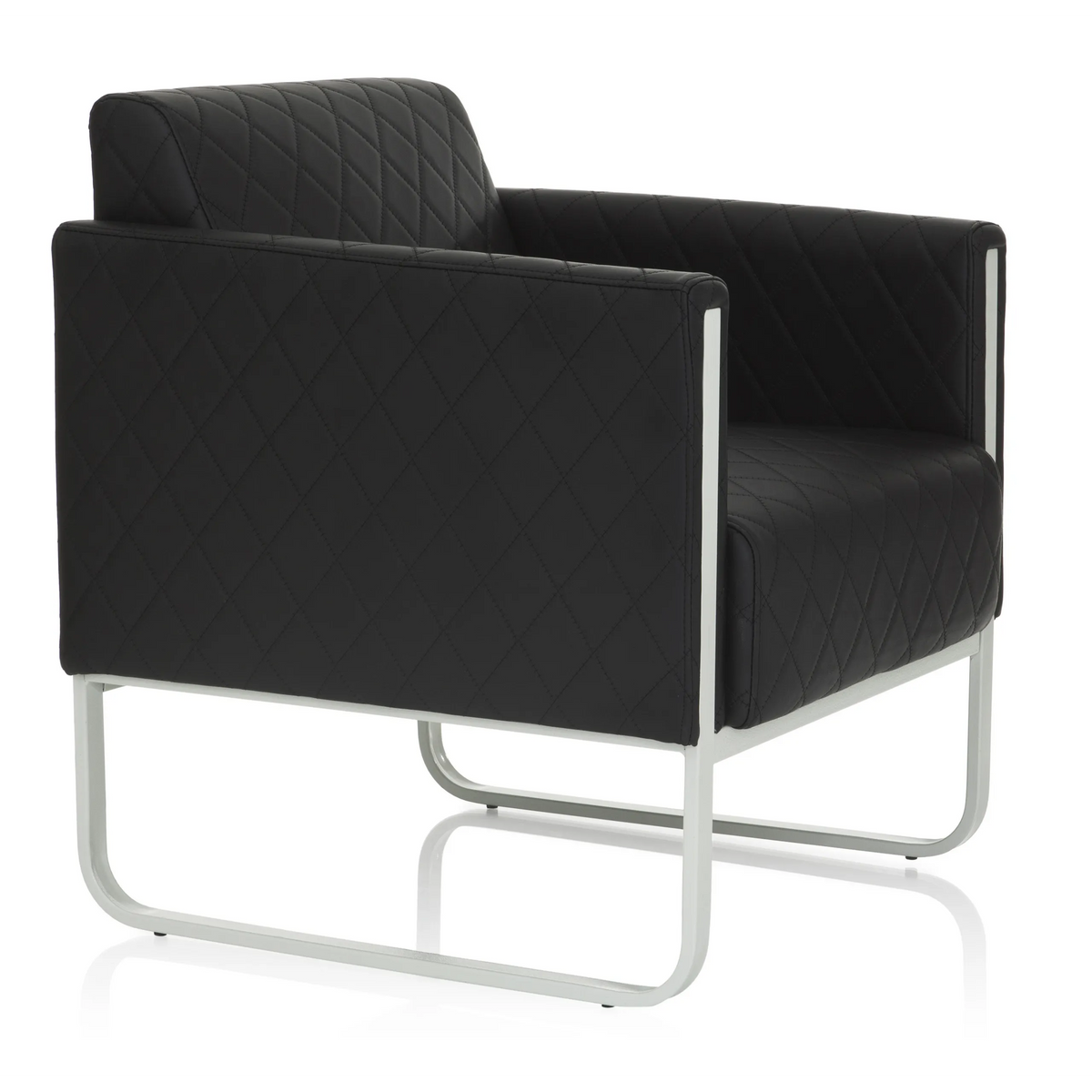 Black upholstered armchair ARUBA STEP with diamond stitching and silver-coloured frame by hjh OFFICE – 360-degree view (front three-quarter view 60°)