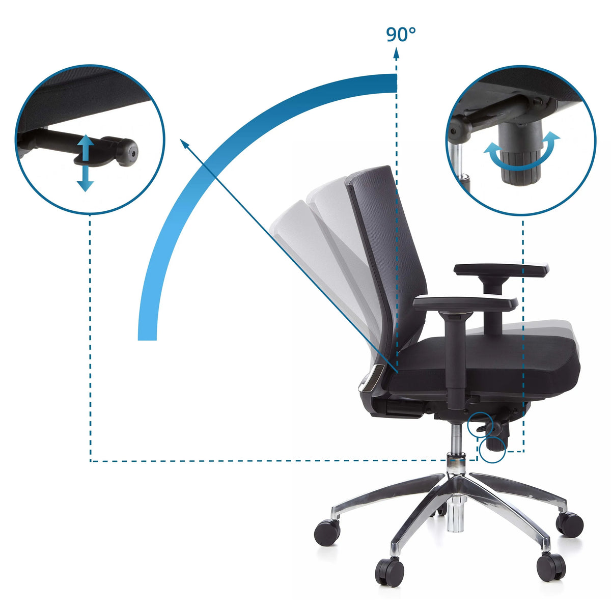 Backrest tilt adjustment up to 90 degrees of the Professional Office Chair PORTO PRO by hjh OFFICE