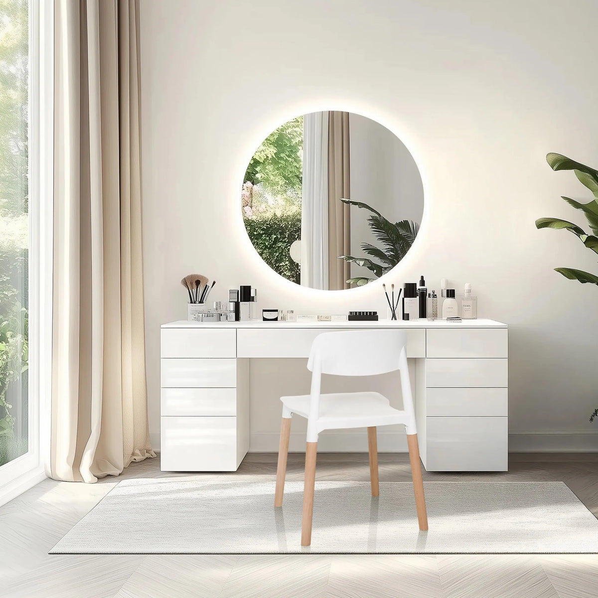 White four-legged chair SCANDI E with light wood legs in front of a dressing table by hjh LIVING
