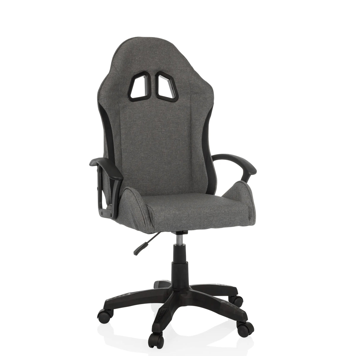 Grey Gaming chair GAMEBREAKER W01 with two headrest cut-outs and five-caster base by MyBuero – 360-degree view (front view 15°)