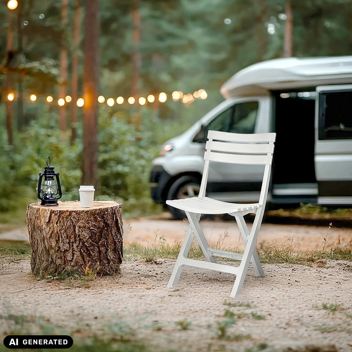 White TRAVANO outdoor chair in a forest setting next to a camper by hjh LIVING (AI-generated image)