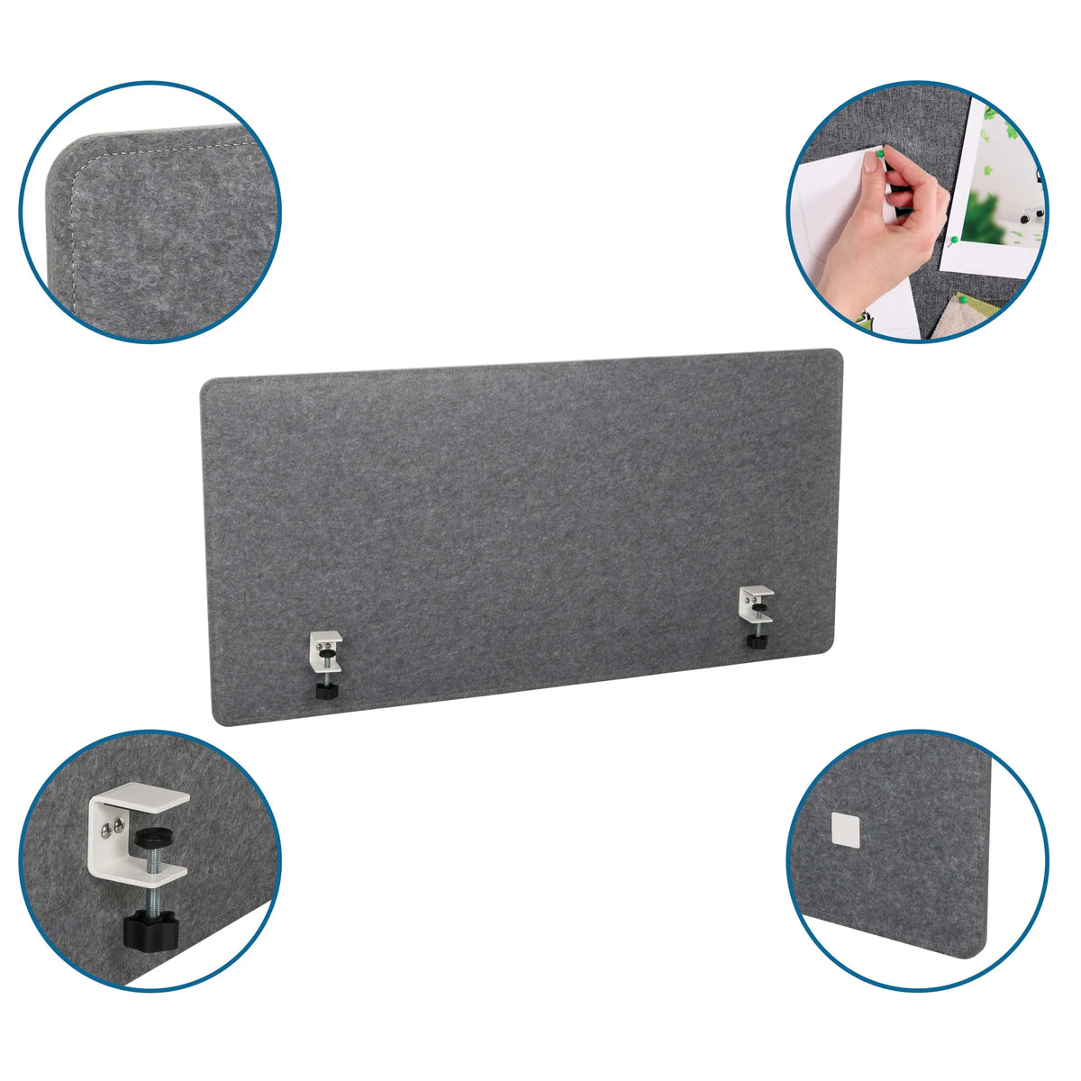 Grey table partition FLEXMIUT 3D with mounting clips and rounded corners by hjh OFFICE