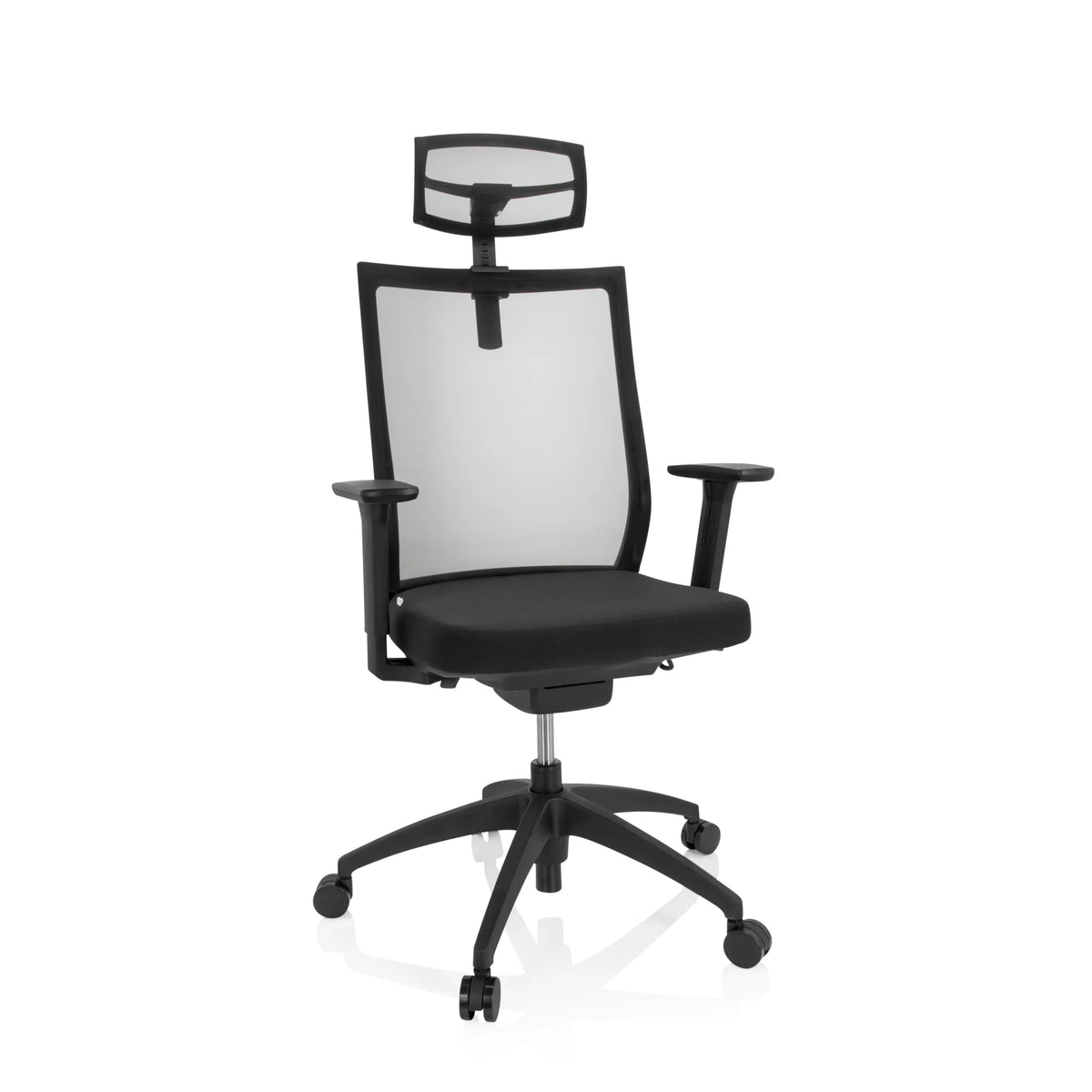 Black Professional Office Chair ASPEN PRO with mesh back, headrest and five-caster base by hjh OFFICE – 360-degree view (front view 20°)