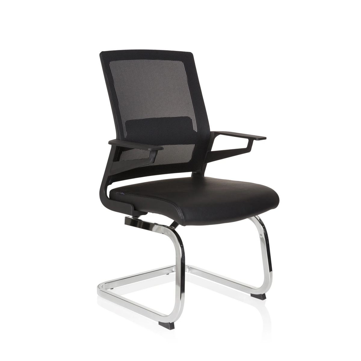Black Cantilever chair INVENTOR V PRO with mesh back, armrests and sled base by hjh OFFICE – 360-degree view (front three-quarter view 40°)