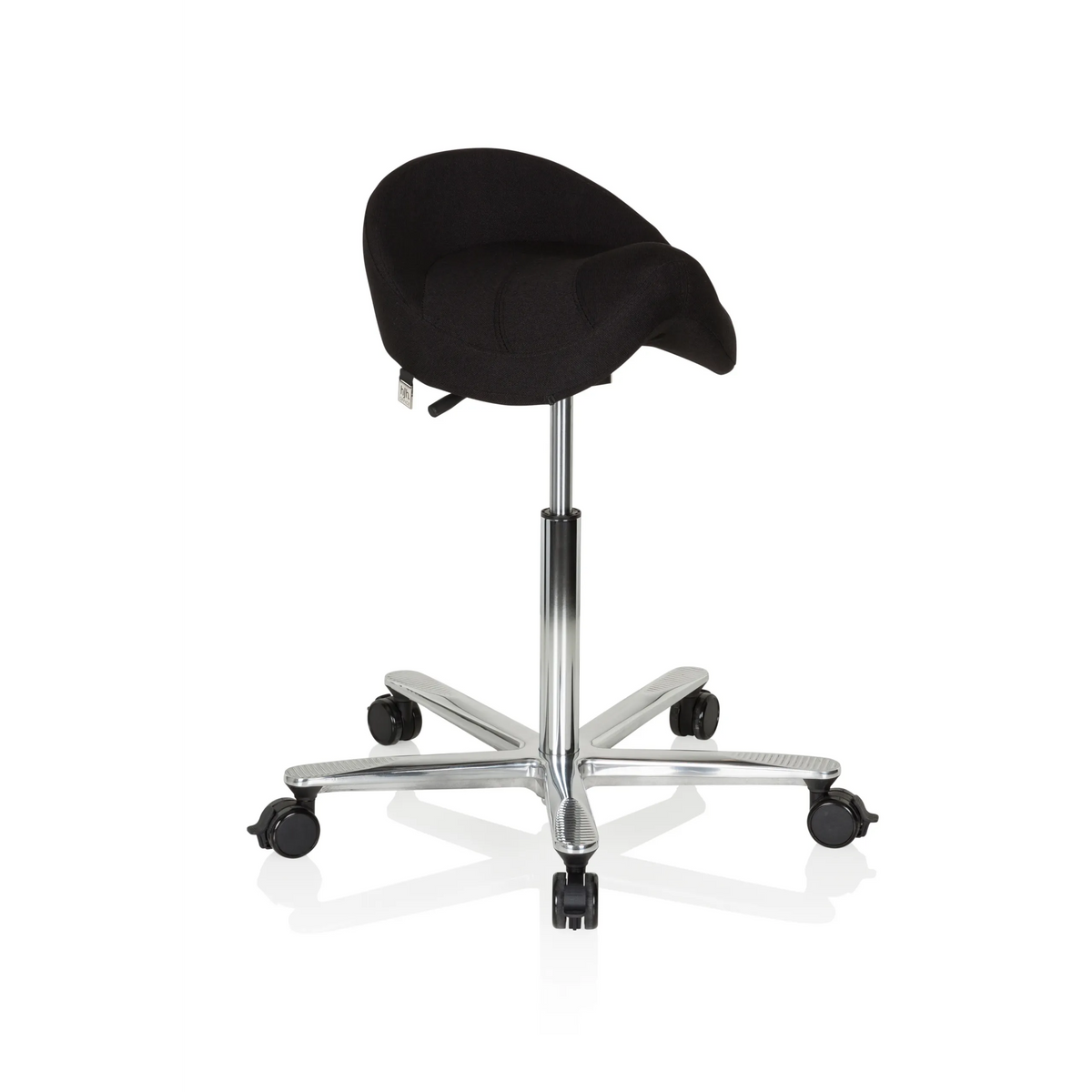 Black Saddle stool MOVE-TEC 3D PRO I with a five-caster star base by hjh OFFICE – 360-degree view (front three-quarter view 40°)