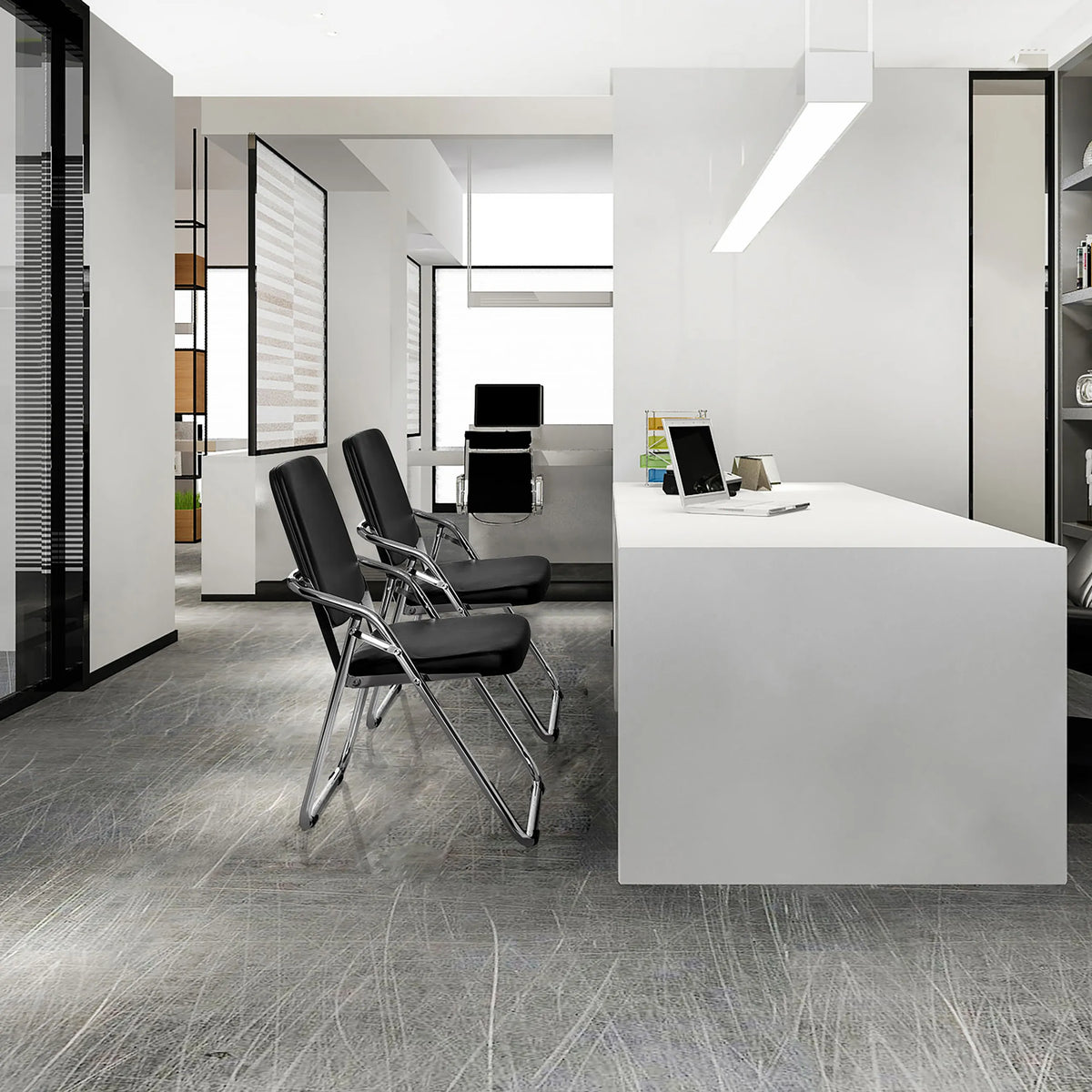 Two black ESTO folding chairs with faux leather upholstery and chrome frames in a modern office by hjh OFFICE