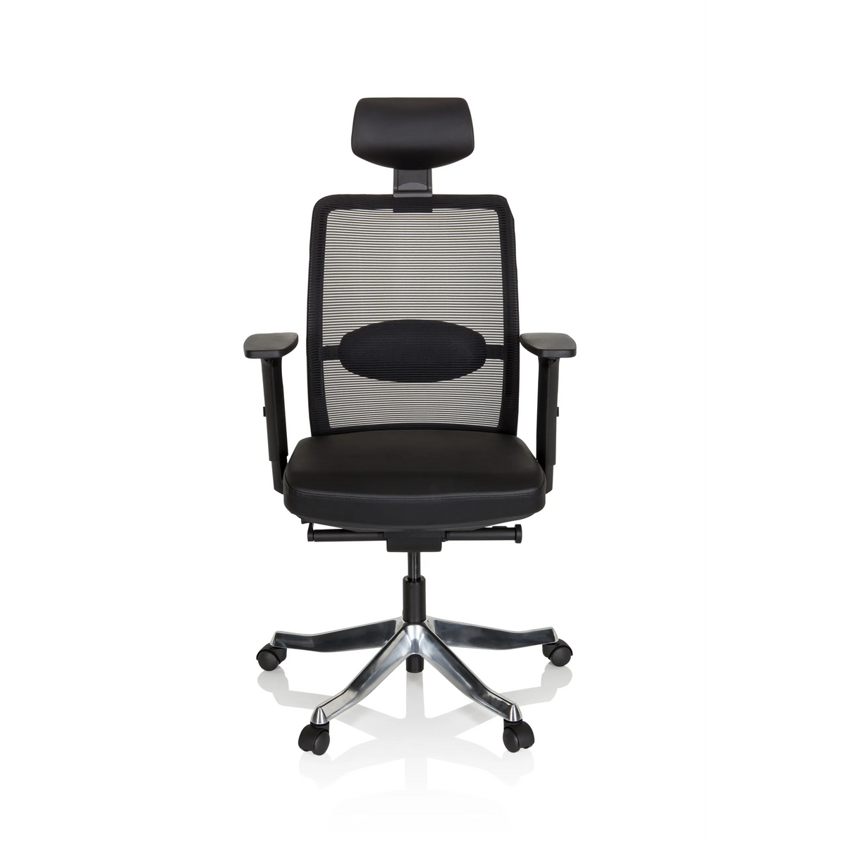 Black Luxury Executive Chair SENATOR PRO with mesh back, headrest and five-caster base by hjh OFFICE – 360-degree view (front view 0°)