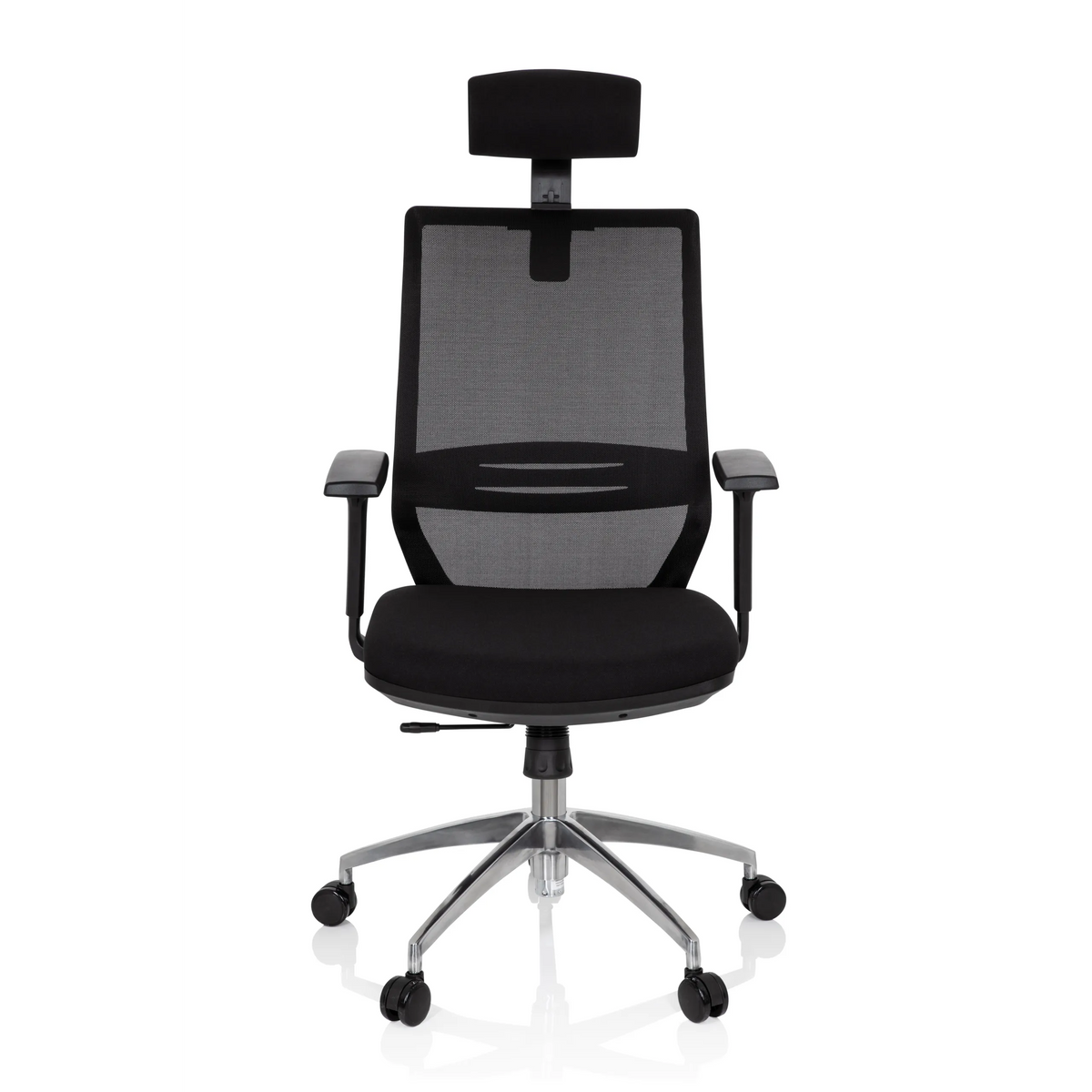 Black Professional Office Chair PROFONDO PRO with mesh back, headrest and five-caster base by hjh OFFICE – 360-degree view (front view 0°)