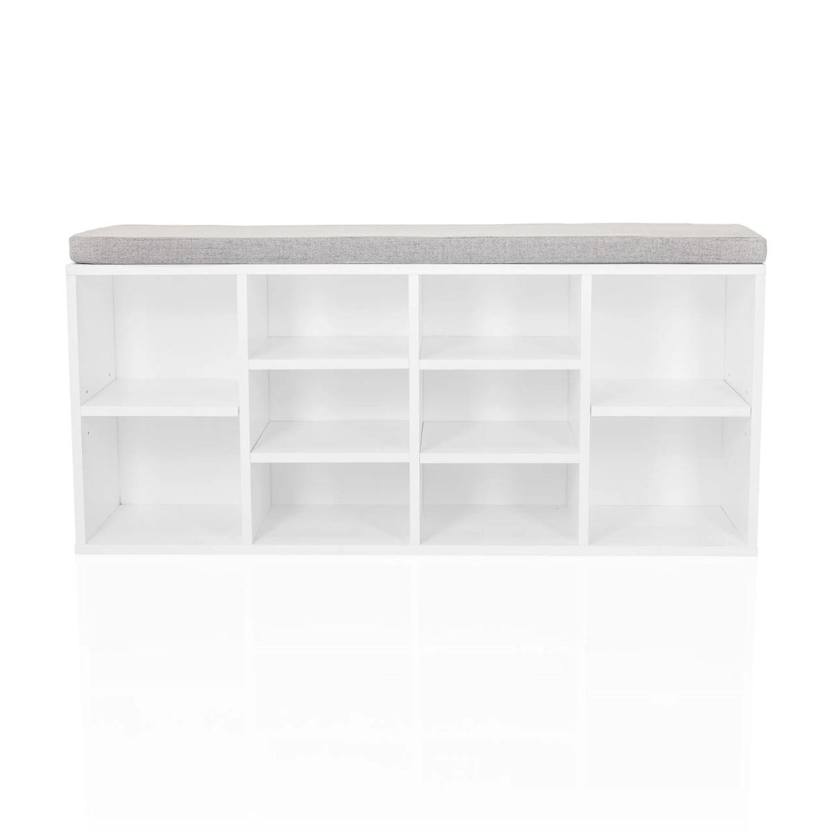 White ESTHA 10 shoe cabinet with grey seat padding and open storage compartments by hjh LIVING