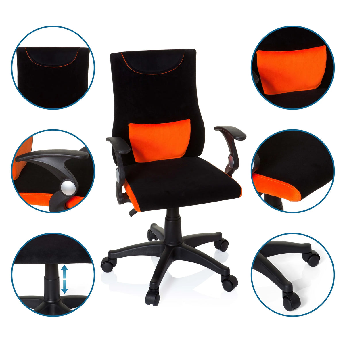 Swivel Chair – Children KIDDY PRO AL in black-orange with detailed views of armrests and star base by hjh OFFICE
