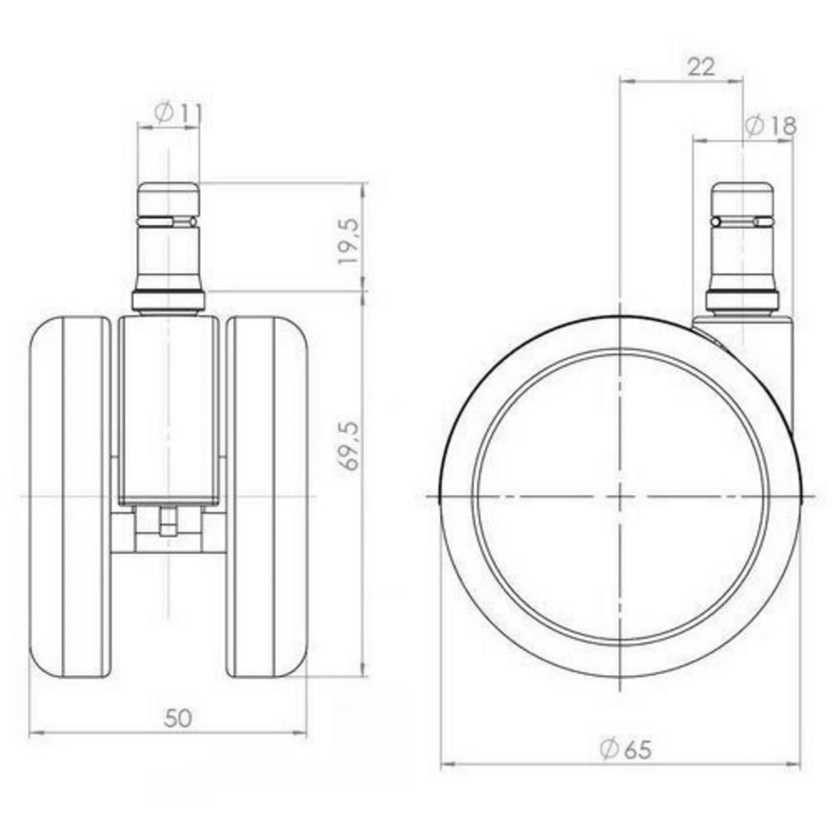 Technical drawing of the 5x ROLO LUX 11mm/65mm Castors with a diameter of 65 mm by hjh OFFICE