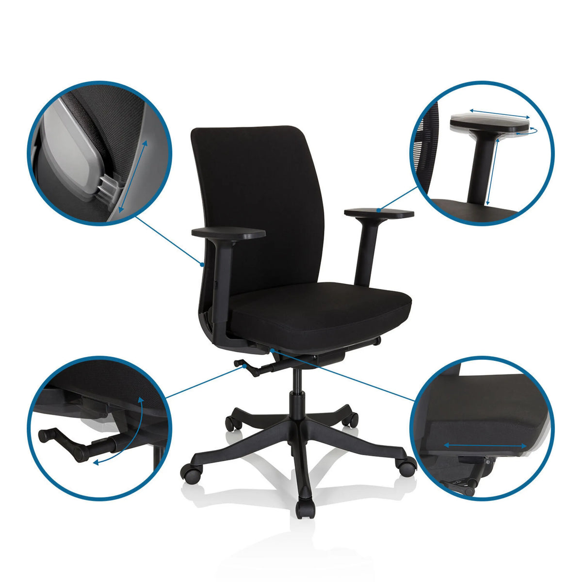 Adjustment options of the Professional Office Chair SENATOR for armrests, seat height and seat depth by hjh OFFICE
