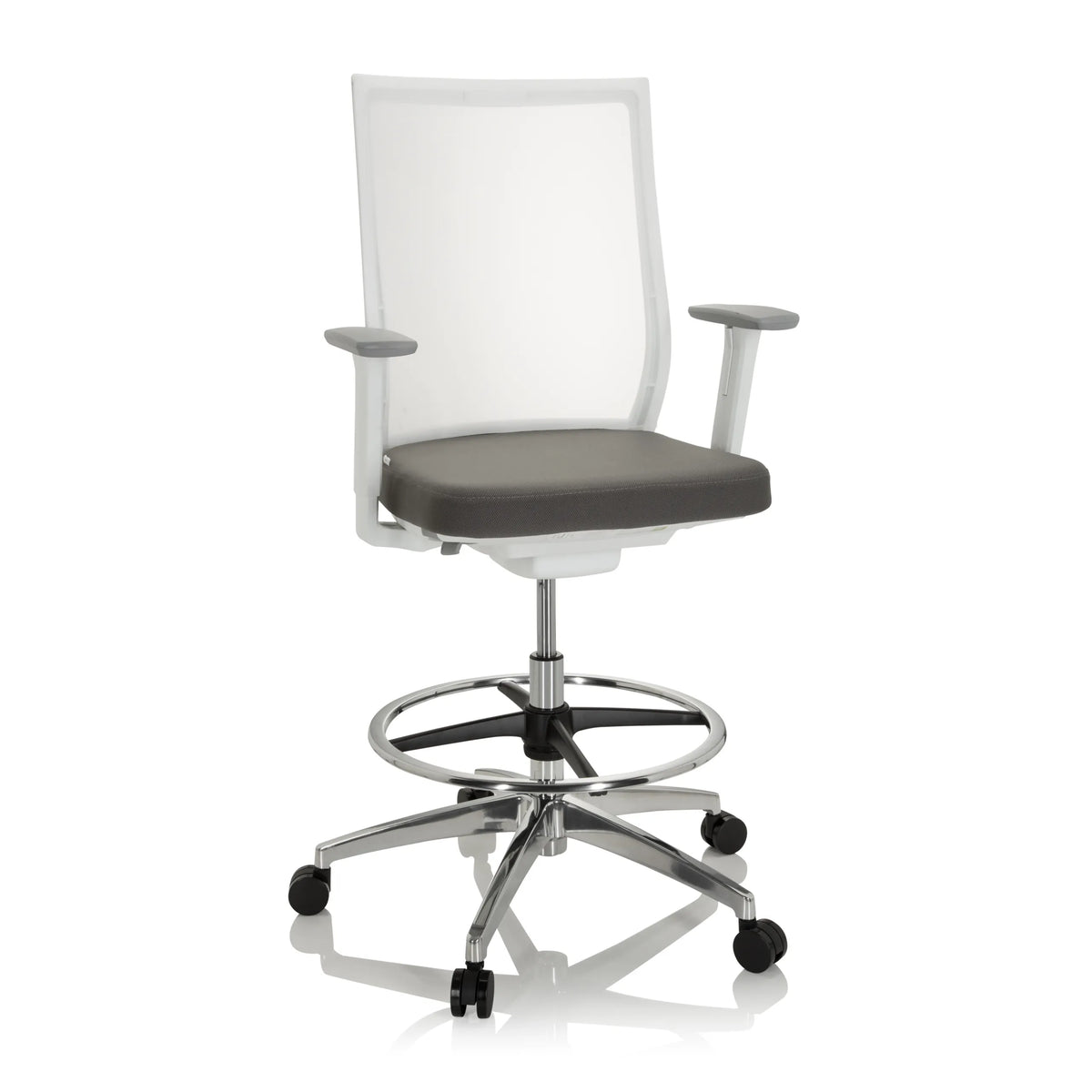 Grey Counter chair ASPEN WORK W with mesh back, foot ring and five-caster base by hjh OFFICE – 360-degree view (front view 20°)