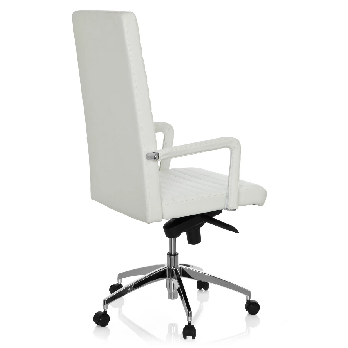 White Professional Executive Chair LENGA with horizontal stitching and five-caster base by hjh OFFICE – 360-degree view (rear three-quarter view 120°)