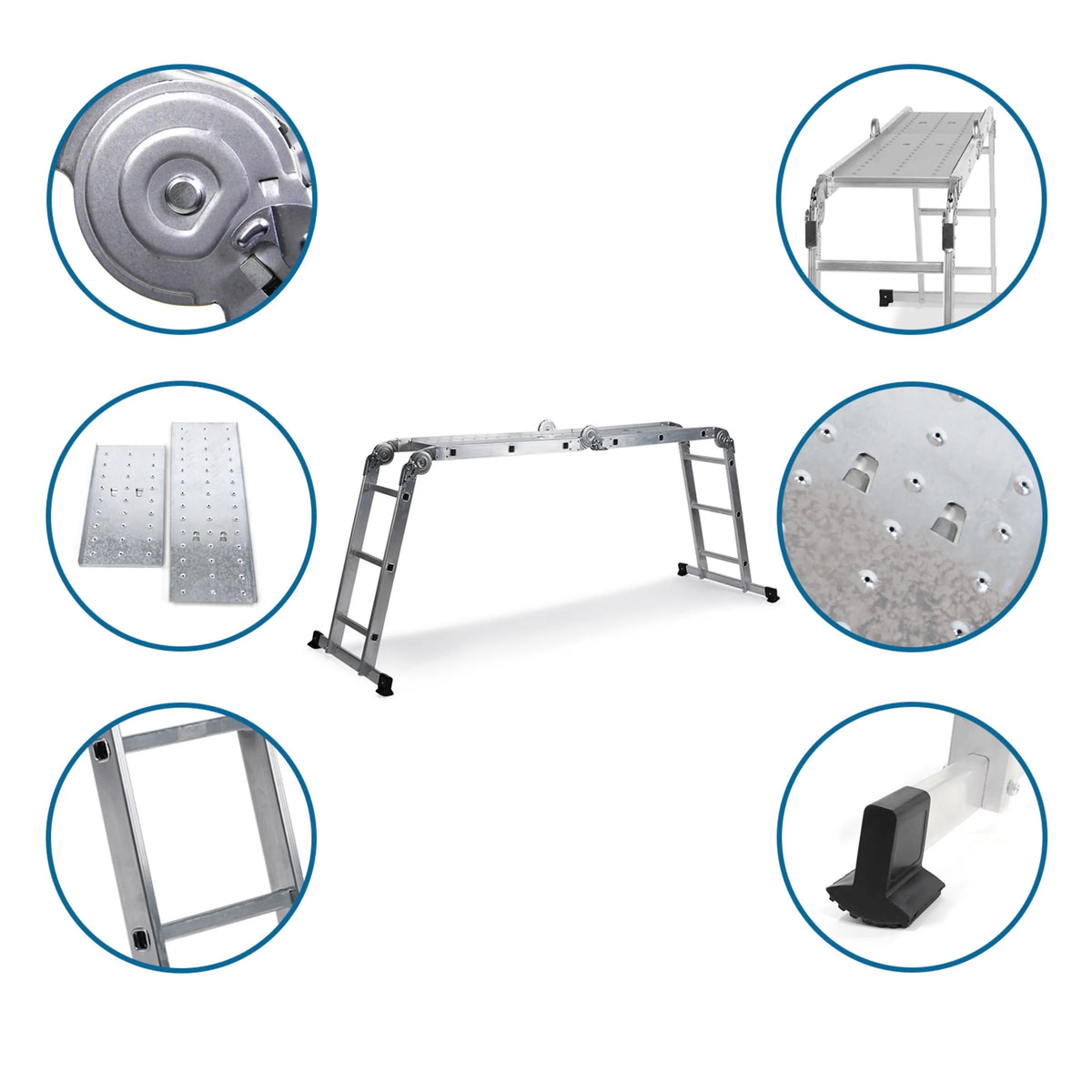 Aluminium folding ladder SOLID W3 with detailed views of the joints, non-slip steps and feet by hjh OFFICE