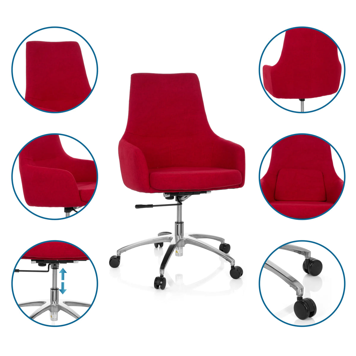 Red Home Office Chair SHAKE 100 with detailed views of upholstery, gas spring and double castors by hjh OFFICE