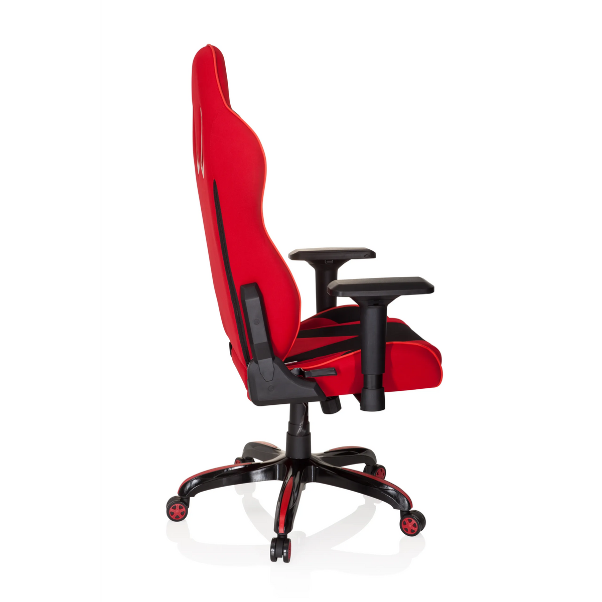 Red and black Gaming chair PROMOTER II with armrests and five-caster base by hjh OFFICE – 360-degree view (side profile 100°)