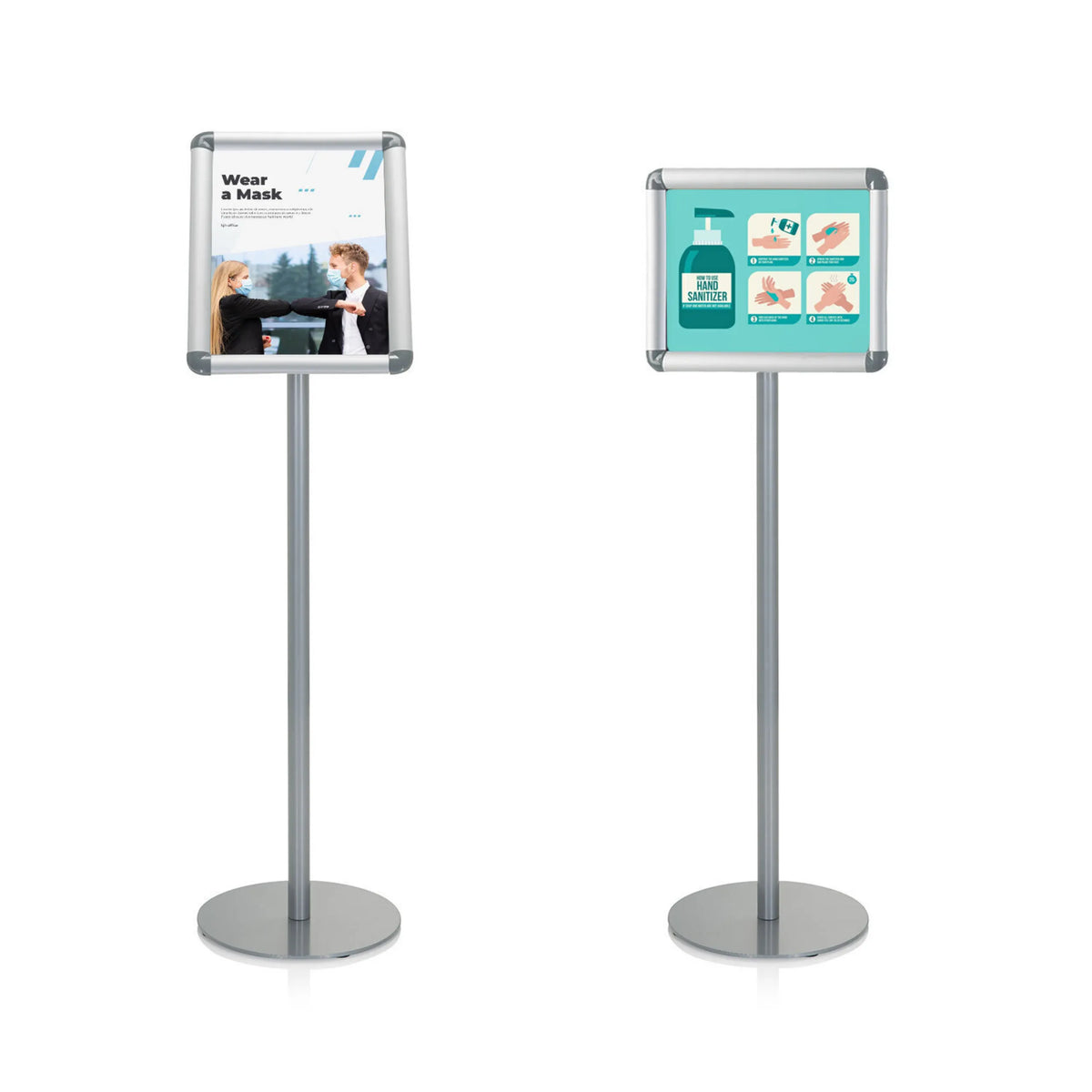 Two silver AGENDA I poster stands with round bases and frames for information posters by hjh OFFICE