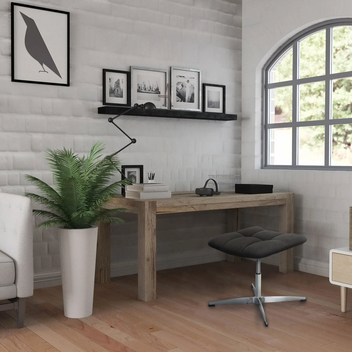 Upholstered stool SARANTO with black fabric cover and four-star metal base in a bright room by hjh OFFICE