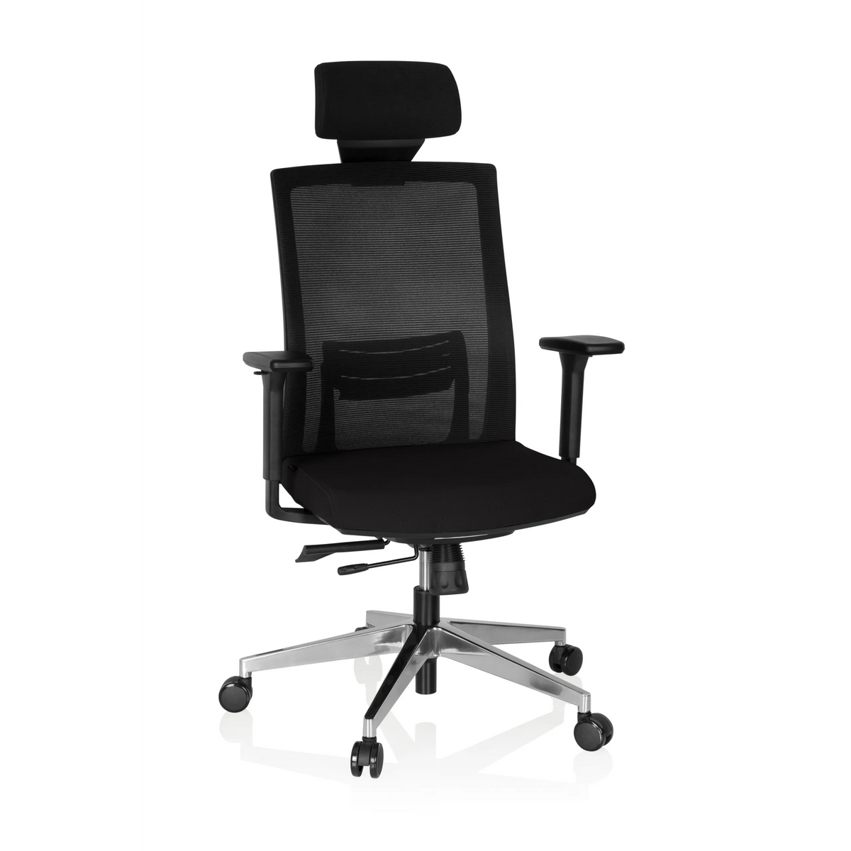 Black Professional Executive Chair CAPTIVA with mesh back, headrest and five-caster base by hjh OFFICE – 360-degree view (front view 20°)