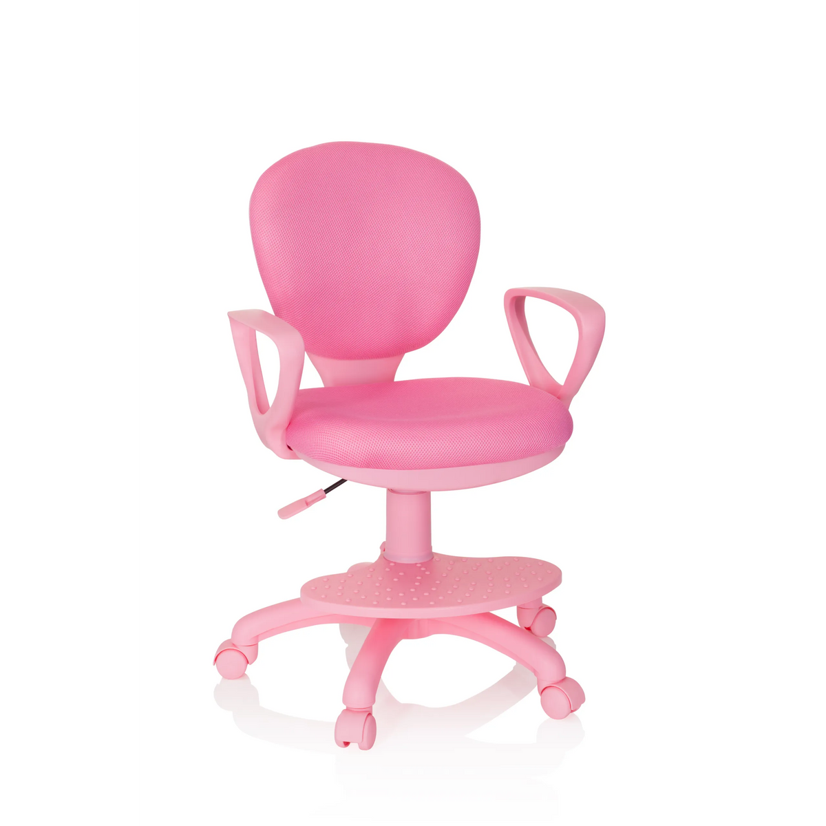 Pink Swivel Chair – Children KID COLOUR with armrests and five-caster base by hjh OFFICE – 360-degree view (front view 20°)