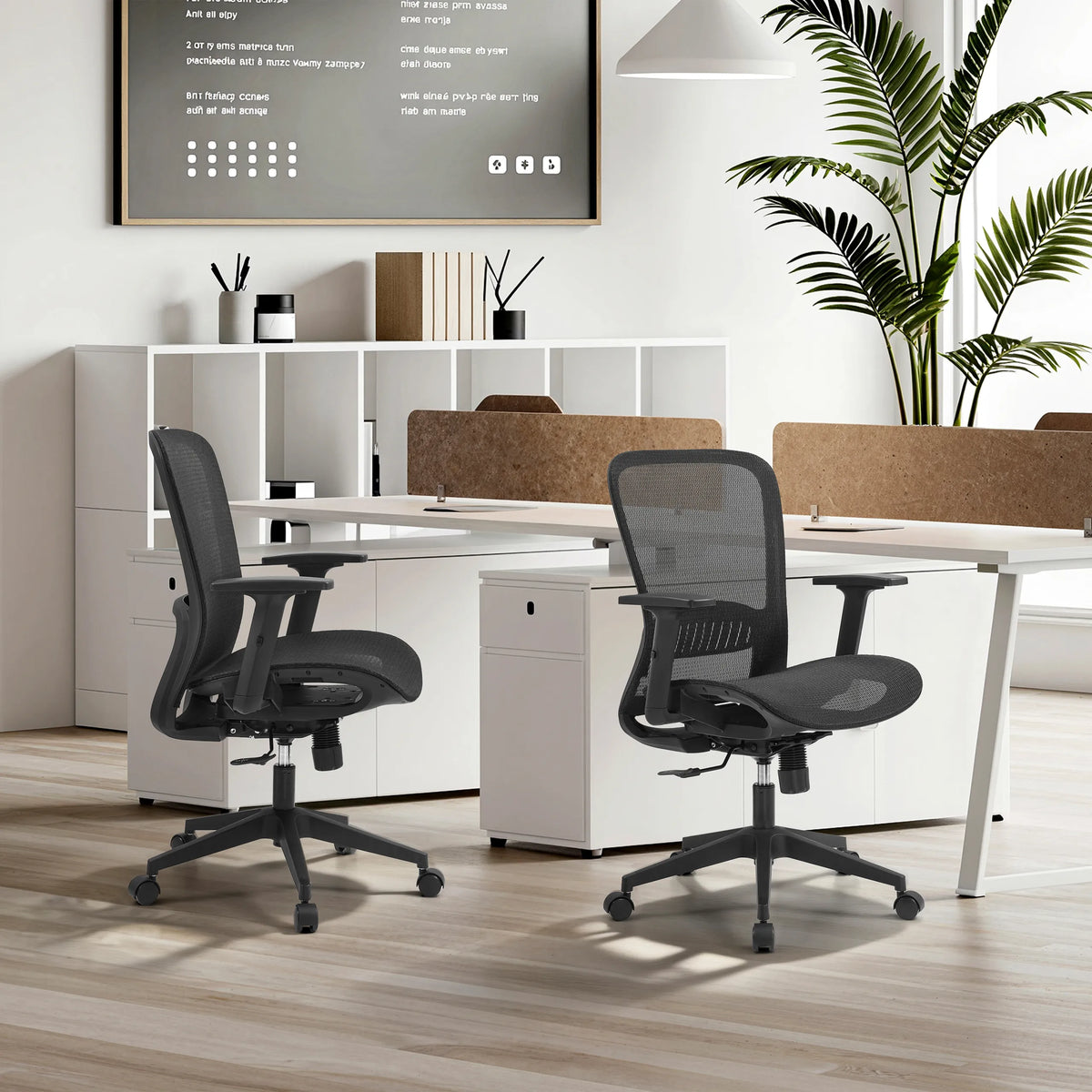 Two black Air Port 2 professional office chairs with mesh back and mesh seat at a white desk by MyBuero