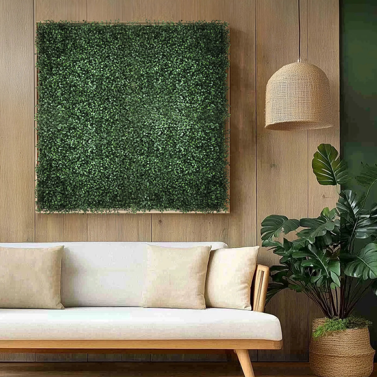 Green plant mat LEAFLUXE 1 as a square wall element above a light-coloured sofa by hjh LIVING